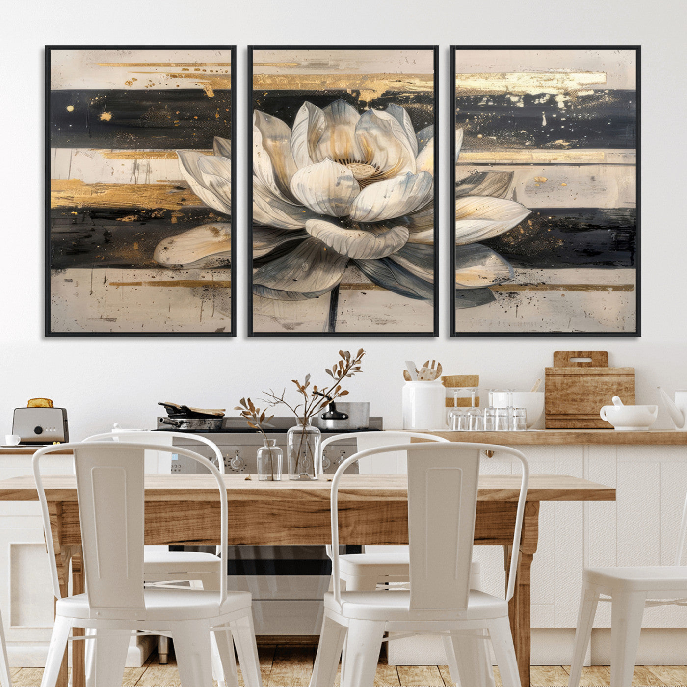 MGV-FC-60X30-3P - Lotus Flower Wall Art Canvas Print, Framed Abstract Lotus Art Picture Print, White Lotus Flower Perfect Abstract Floral Decor Artwork