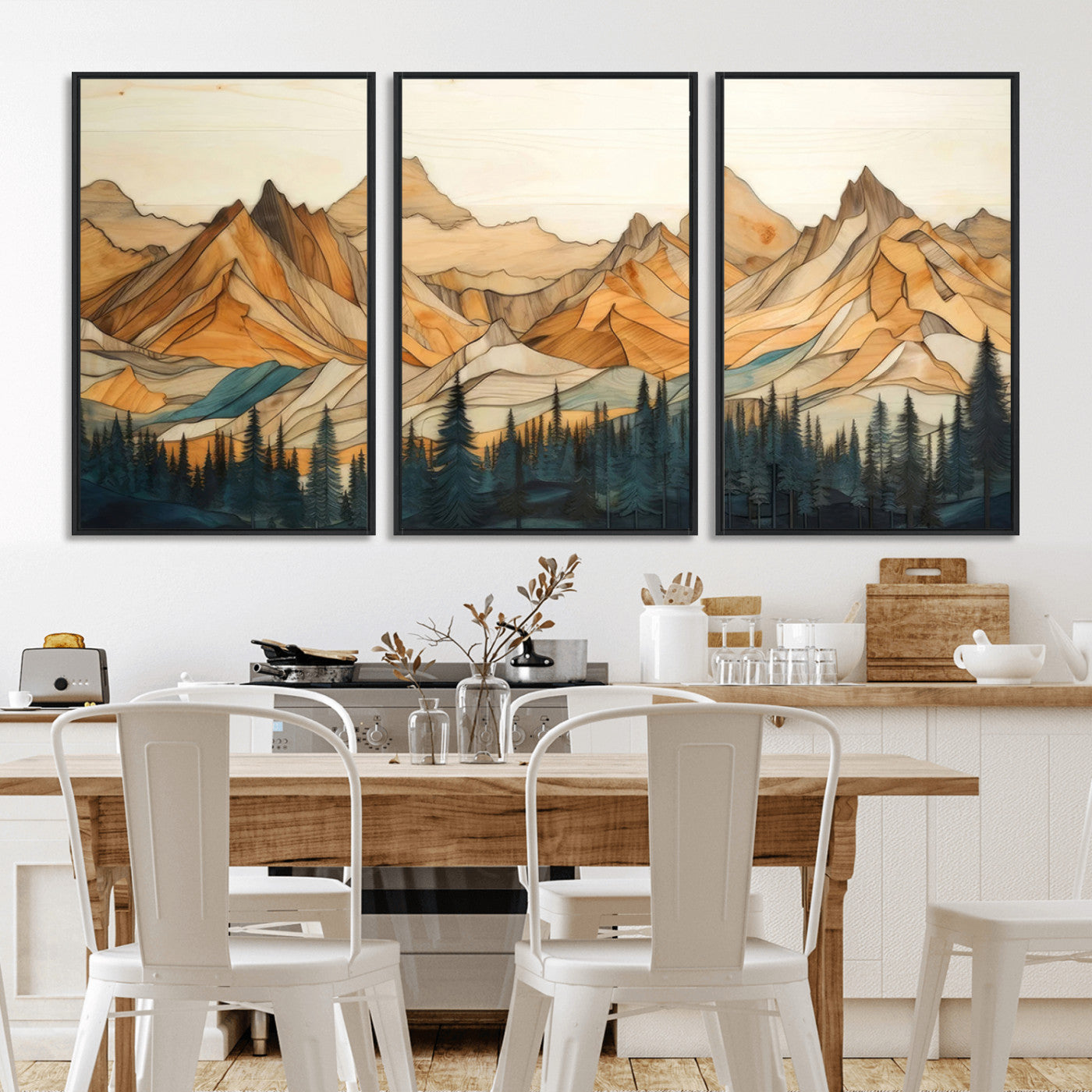 -Rustic Wood Mountain Wall Art Print | Triptych Giclee Print Featuring Handcrafted Forest and