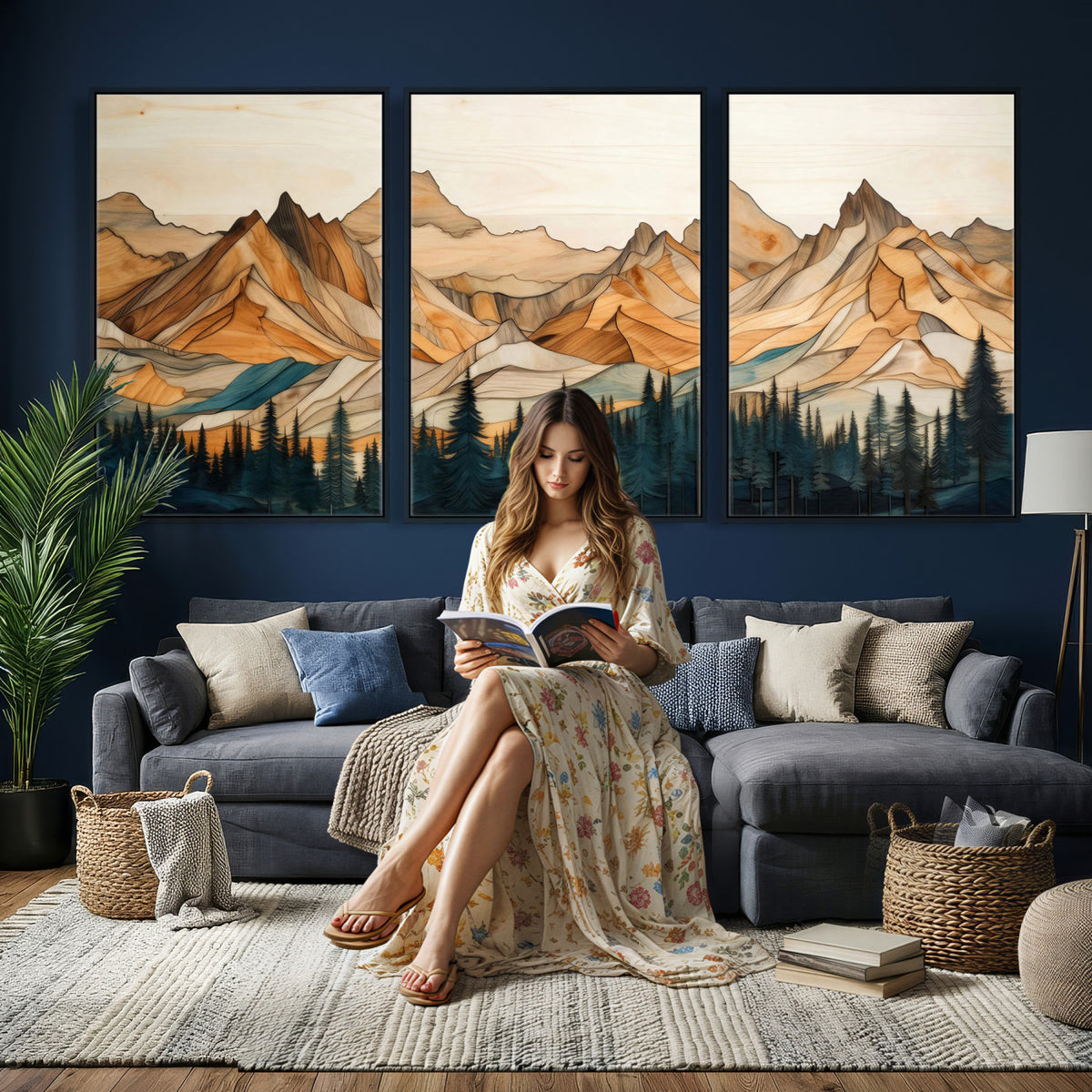 31576-MGV-CV-36X24 - Geometric Wood Mountain Landscape Wall Art Canvas Print, Rustic Forest Painting Print