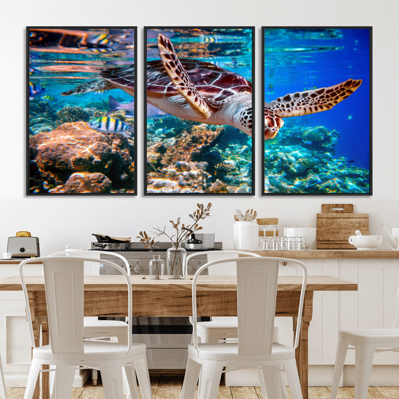 MGV-FC-60X30-3P - Underwater Coral Reef Sea Turtle Wall Art Canvas Print, Vibrant Marine Life | Colorful Ocean Scene