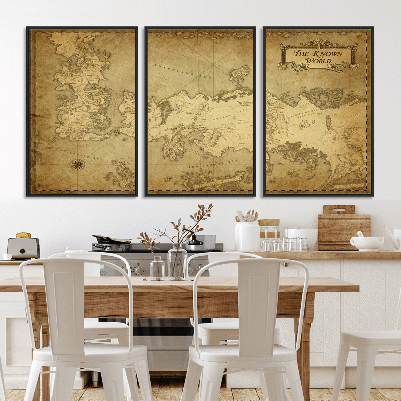 MGV-FC-60X30-3P - Vintage Game of Thrones Map Wall Art | Westeros and Essos Antique Style Print | The Known World in Triptych Canvas | Giclee Canvas for Fantasy Lovers