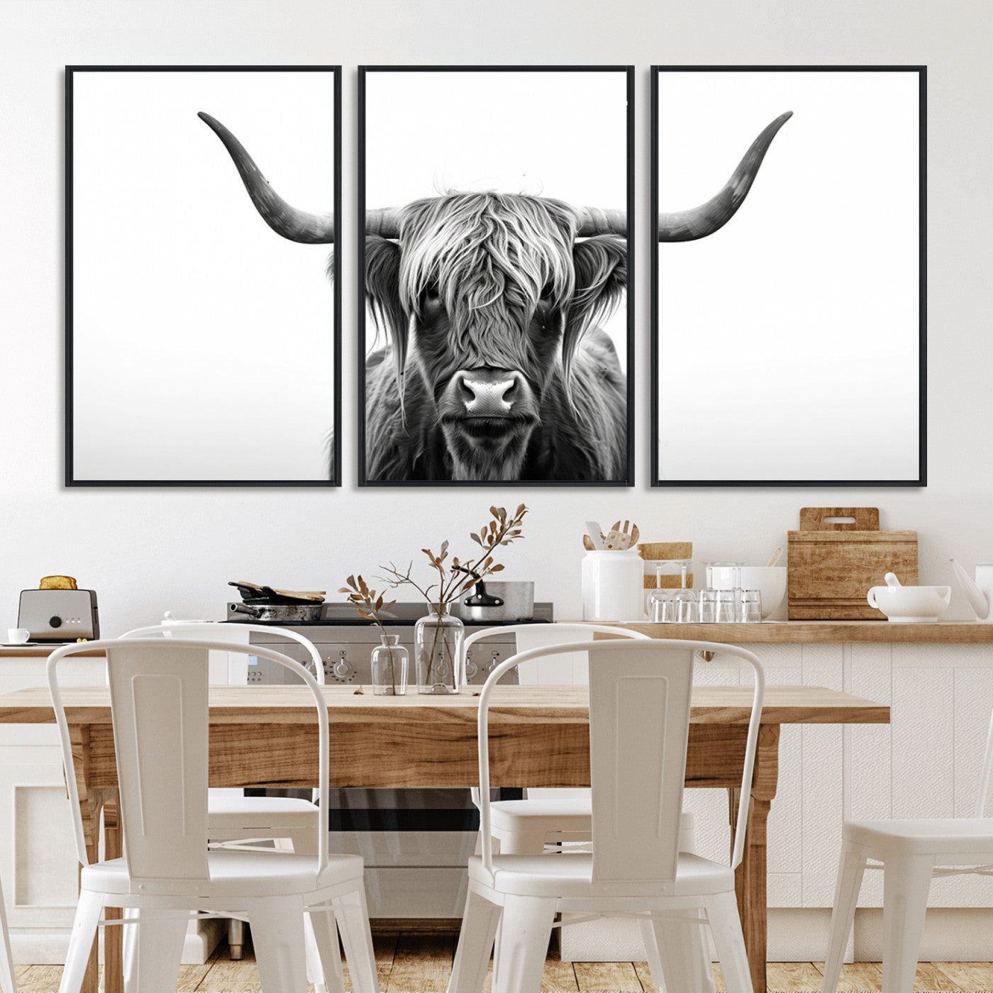 MGV-FC-60X30-3P - Highland Wall Art Canvas Print – Minimalist Black and White Farmhouse Décor, Ready to Hang