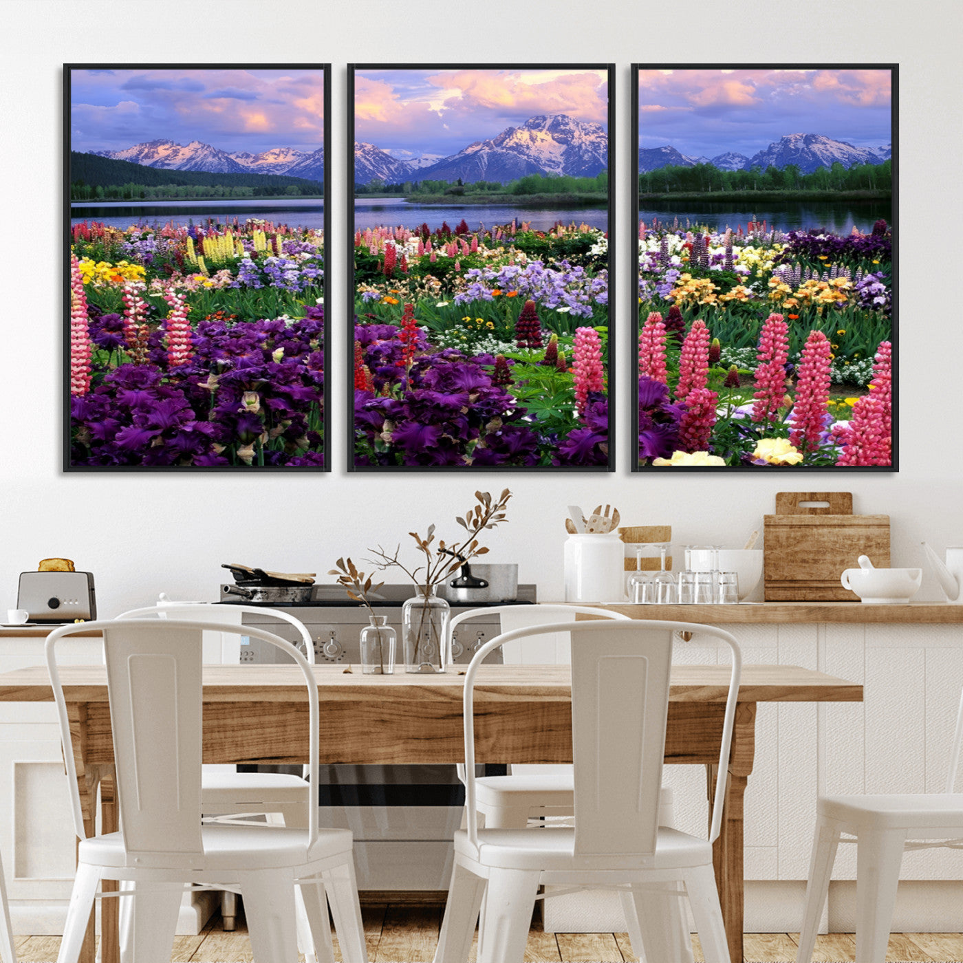 MGV-FC-60X30-3P - Vibrant Wildflower Garden and Mountain View Giclee Canvas Print | Floral Wall Art for Living Room