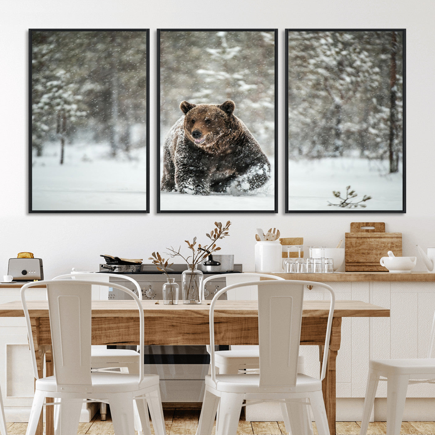 A majestic brown bear moves through a snowy forest landscape, surrounded by falling snowflakes, capturing the essence of wildlife in winter.