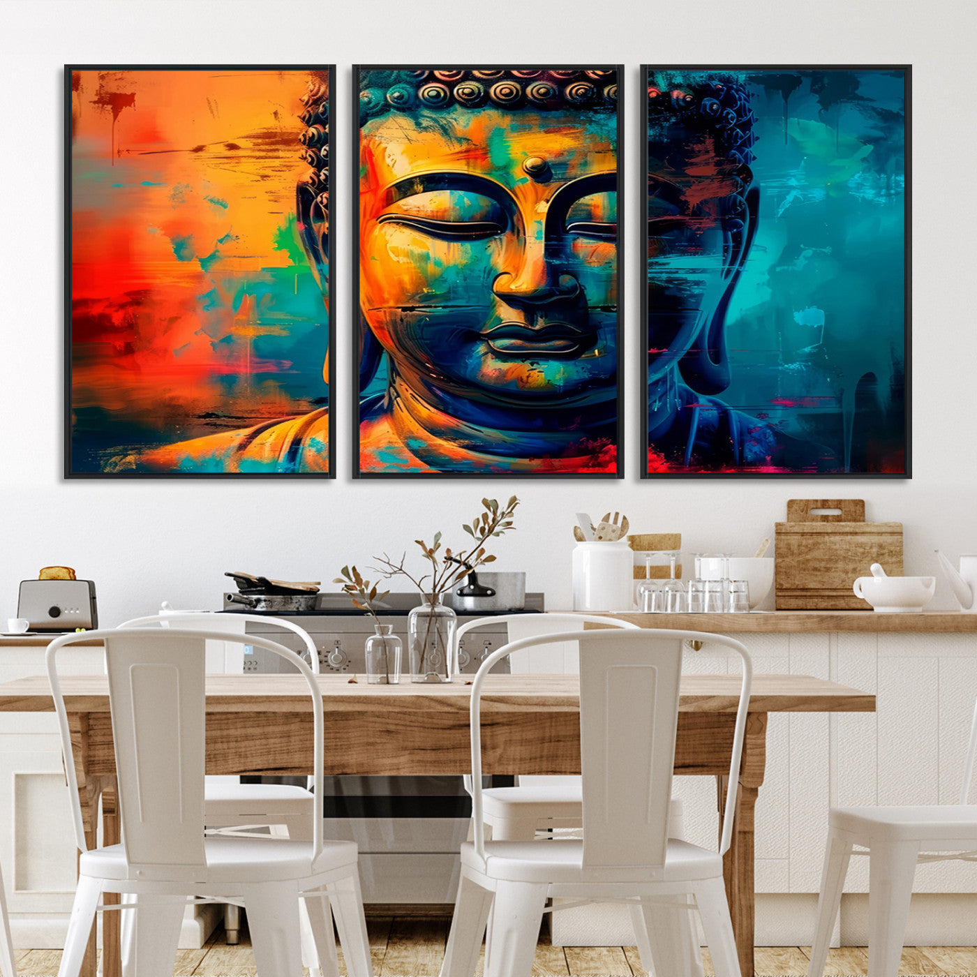 A vibrant, abstract artistic rendition of a Buddha statue face, blending bold and contrasting colors to evoke a sense of peace, spirituality, and enlightenment.