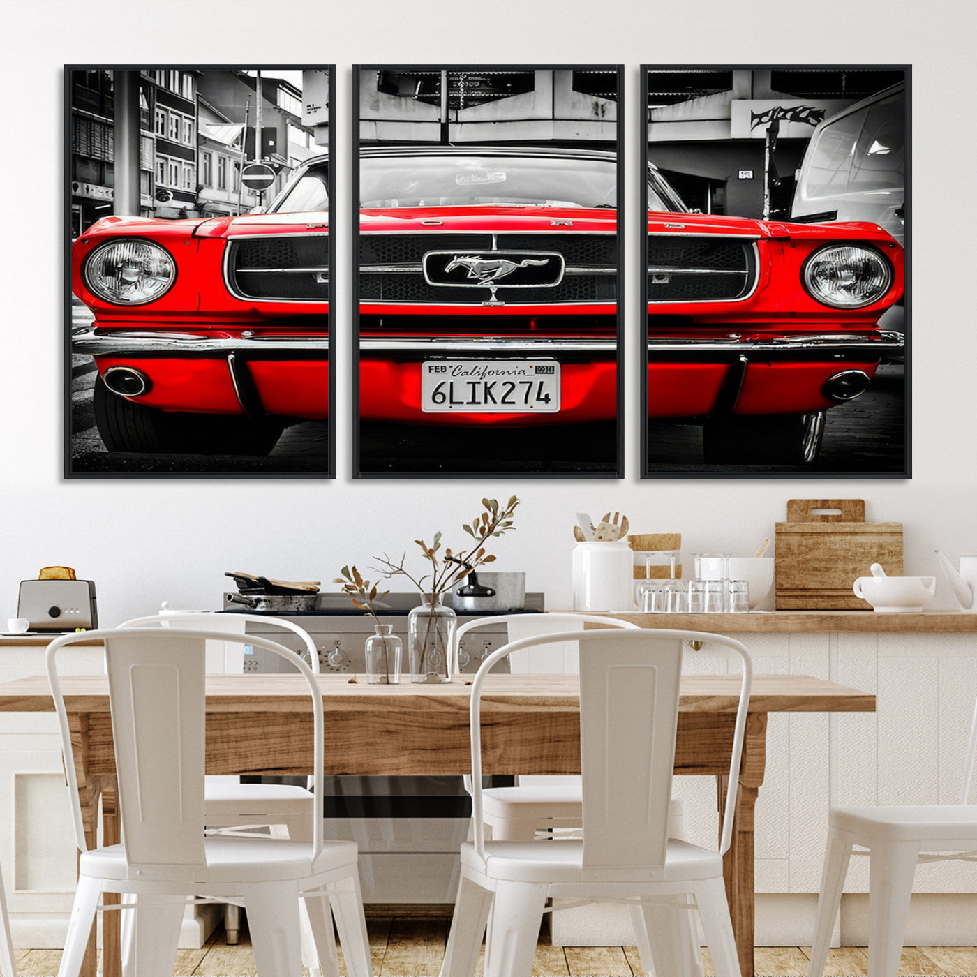 Front view of a bold red 1960s Ford Mustang parked in an urban environment, captured in dramatic contrast with a black-and-white city backdrop, emphasizing its timeless American muscle car identity.