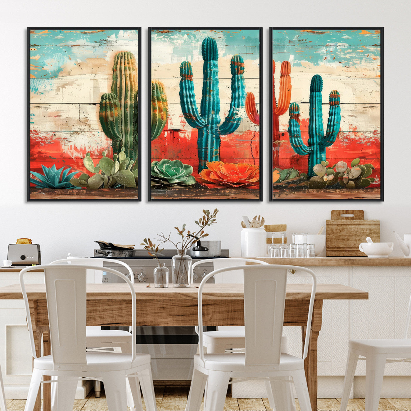 A vivid southwestern-style artwork featuring an eclectic mix of cacti and succulents painted against a textured, rustic wood backdrop in rich turquoise, red, and orange hues.