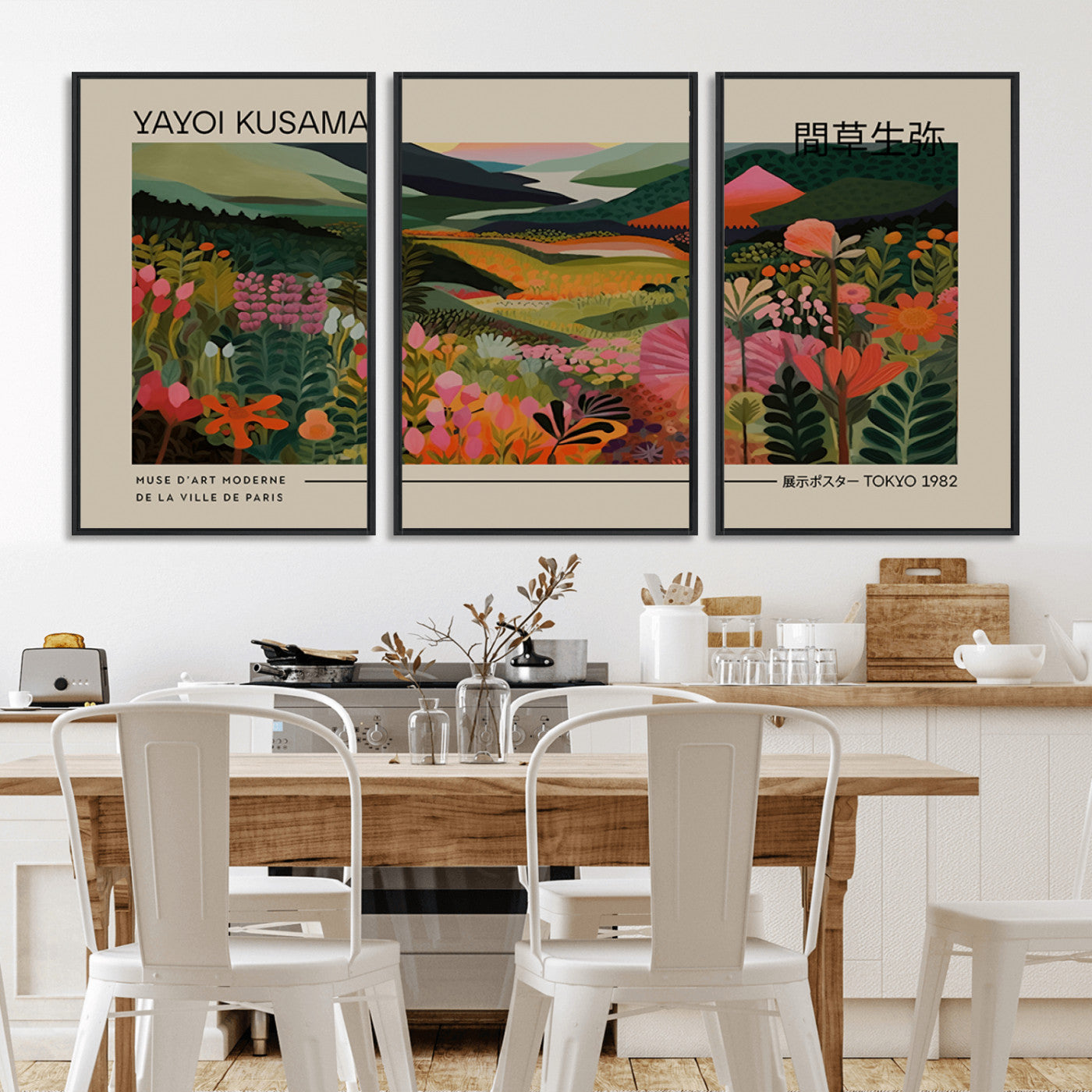 MGV-FC-60X30-3P - Yayoi Kusama Landscape Canvas Print, Vibrant Floral Mountain Art Print, Botanical Flower Nature