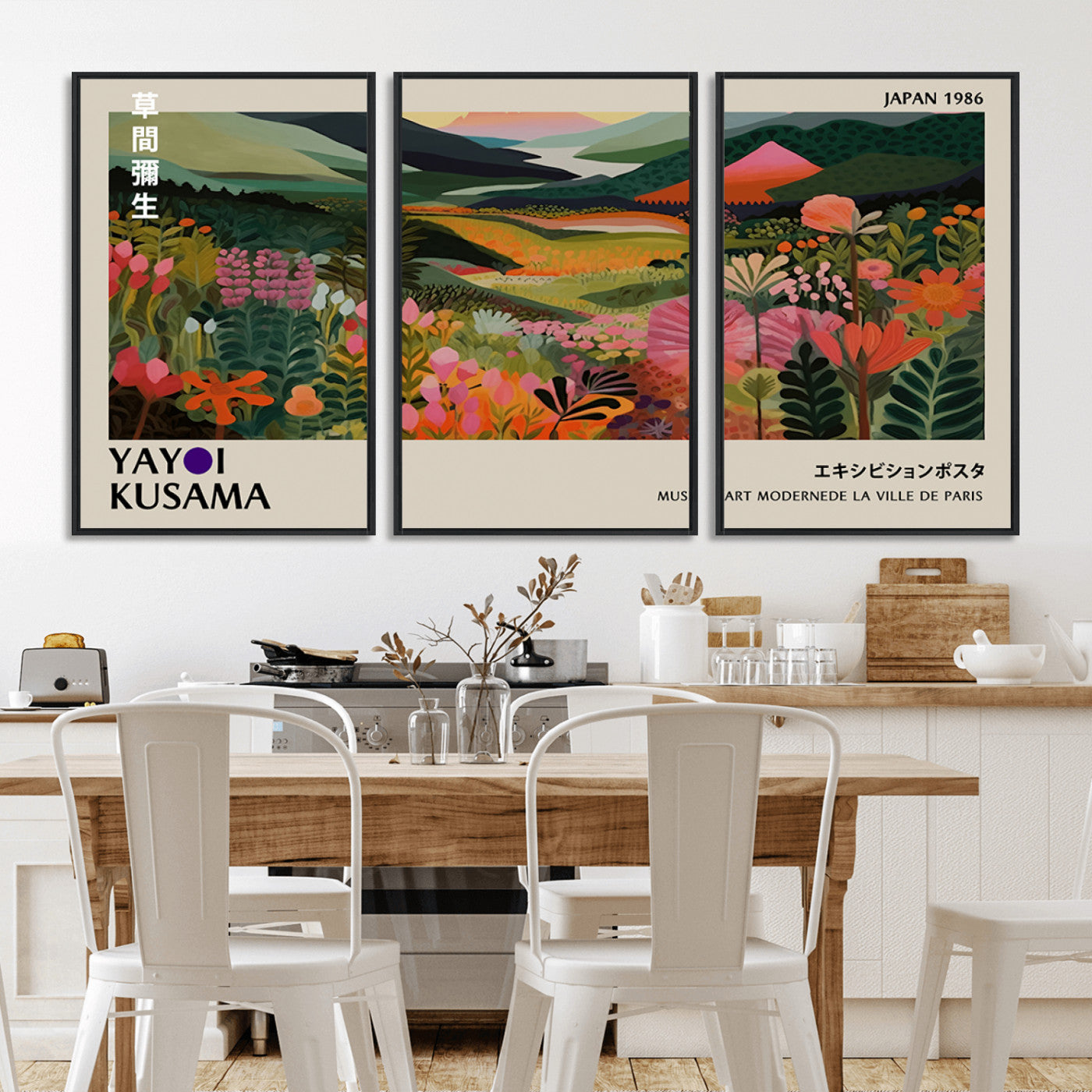 MGV-FC-60X30-3P - Yayoi Kusama Abstract Print, Vibrant Floral Mountain Art Print, Botanical Flower Nature Decor,
