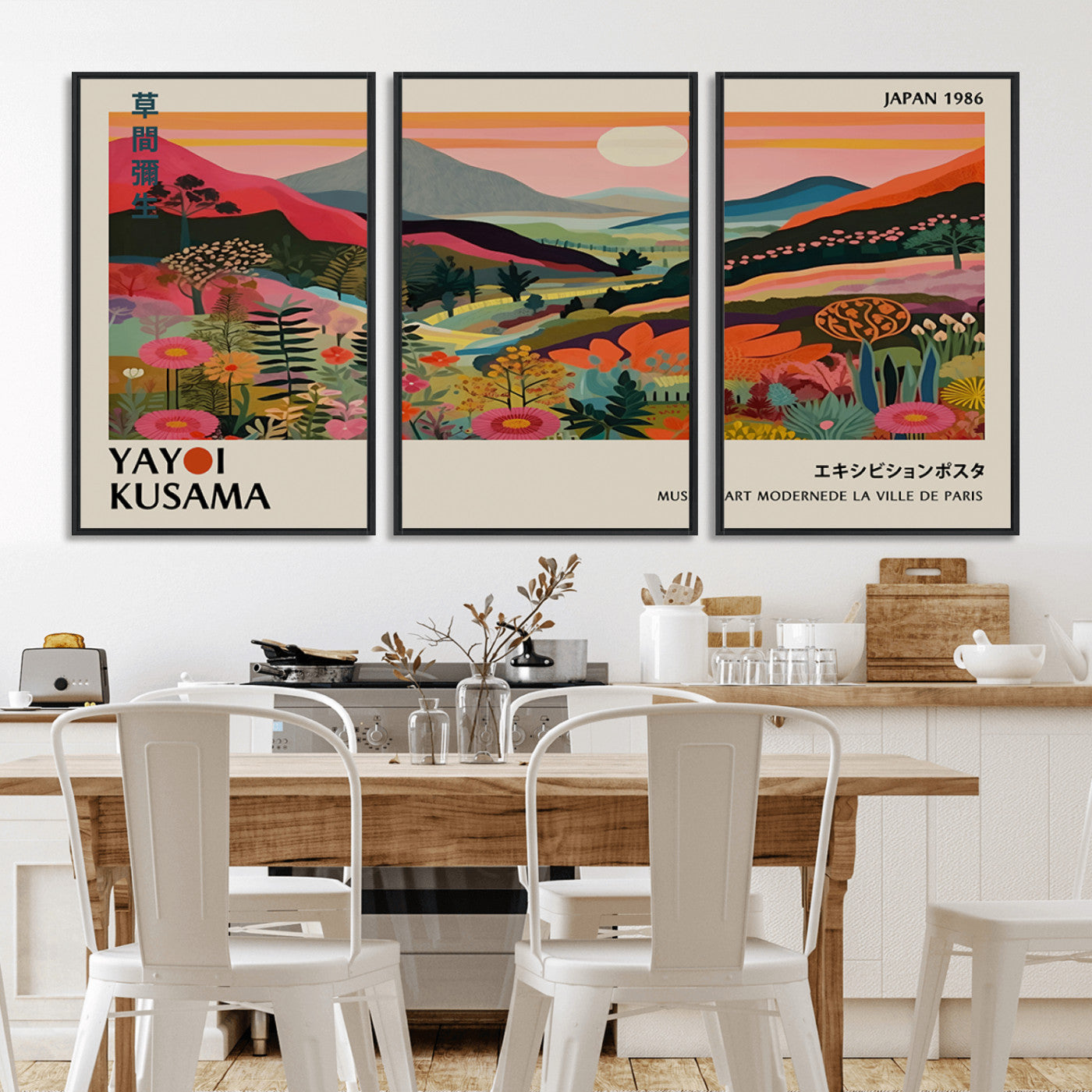MGV-FC-60X30-3P - Yayoi Kusama Landscape Canvas Print, Vibrant Floral Mountain Art Print, Botanical Flower Nature