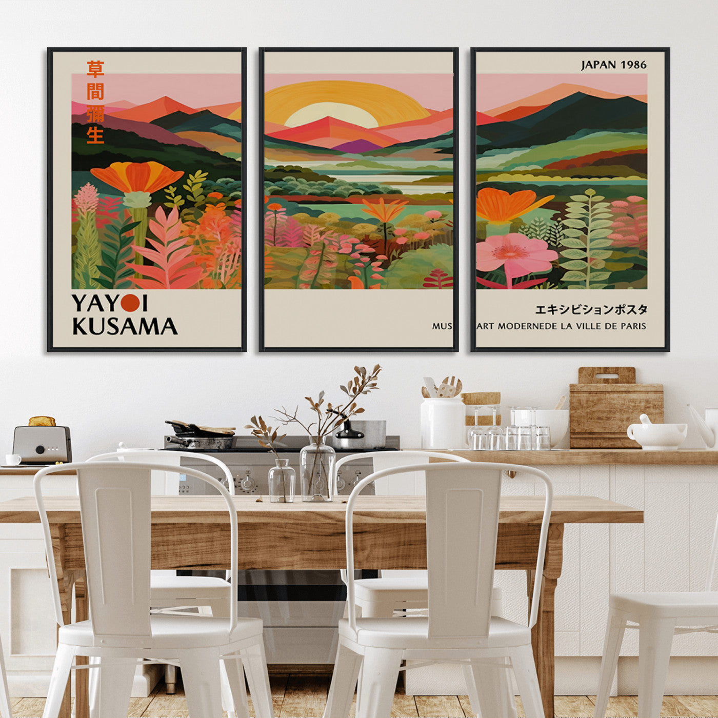MGV-FC-60X30-3P - Framed Yayoi Kusama Print, Vibrant Floral Mountain Art Print, Botanical Flower Nature Decor, Sunset