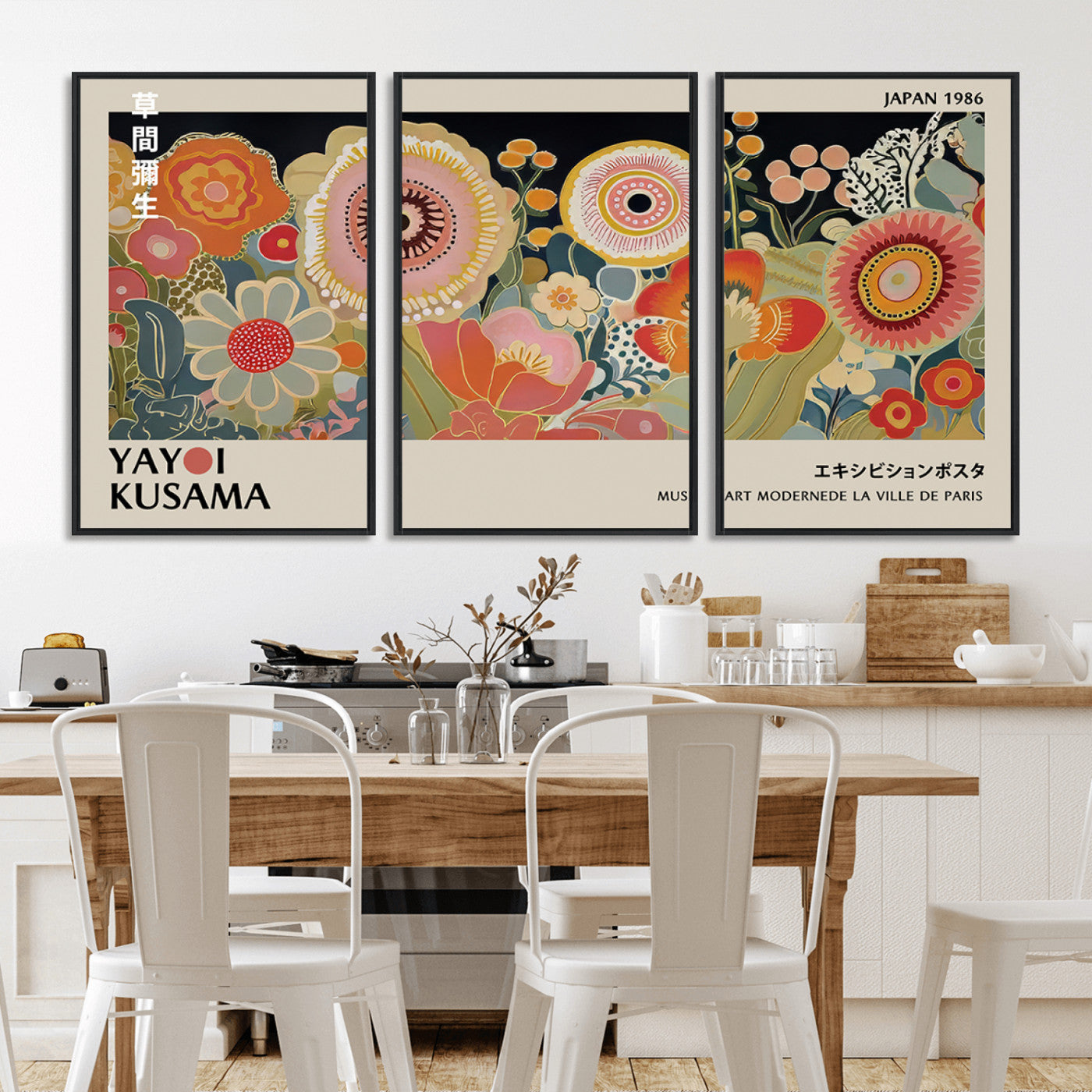 MGV-FC-60X30-3P - Yayoi Kusama Landscape Canvas Print, Vibrant Floral Mountain Art Print, Botanical Flower Nature Decor, Sunset Scenery Artwork
