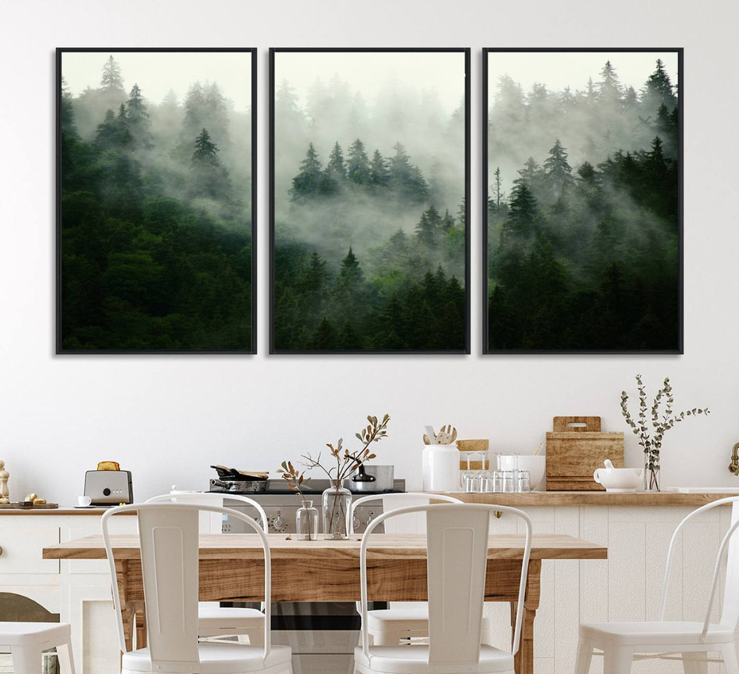 Misty Forest Mountain Wall Art | Large 3-Panel Foggy Landscape Canvas Print | Misty Forest Canvas Art | Nature Wall Art for Home | Mountain Fog Print