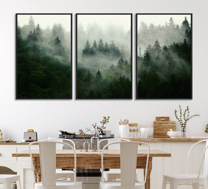 Misty Forest Mountain Wall Art: A 3-panel foggy landscape canvas print, ideal for enhancing home decor with natures beauty.