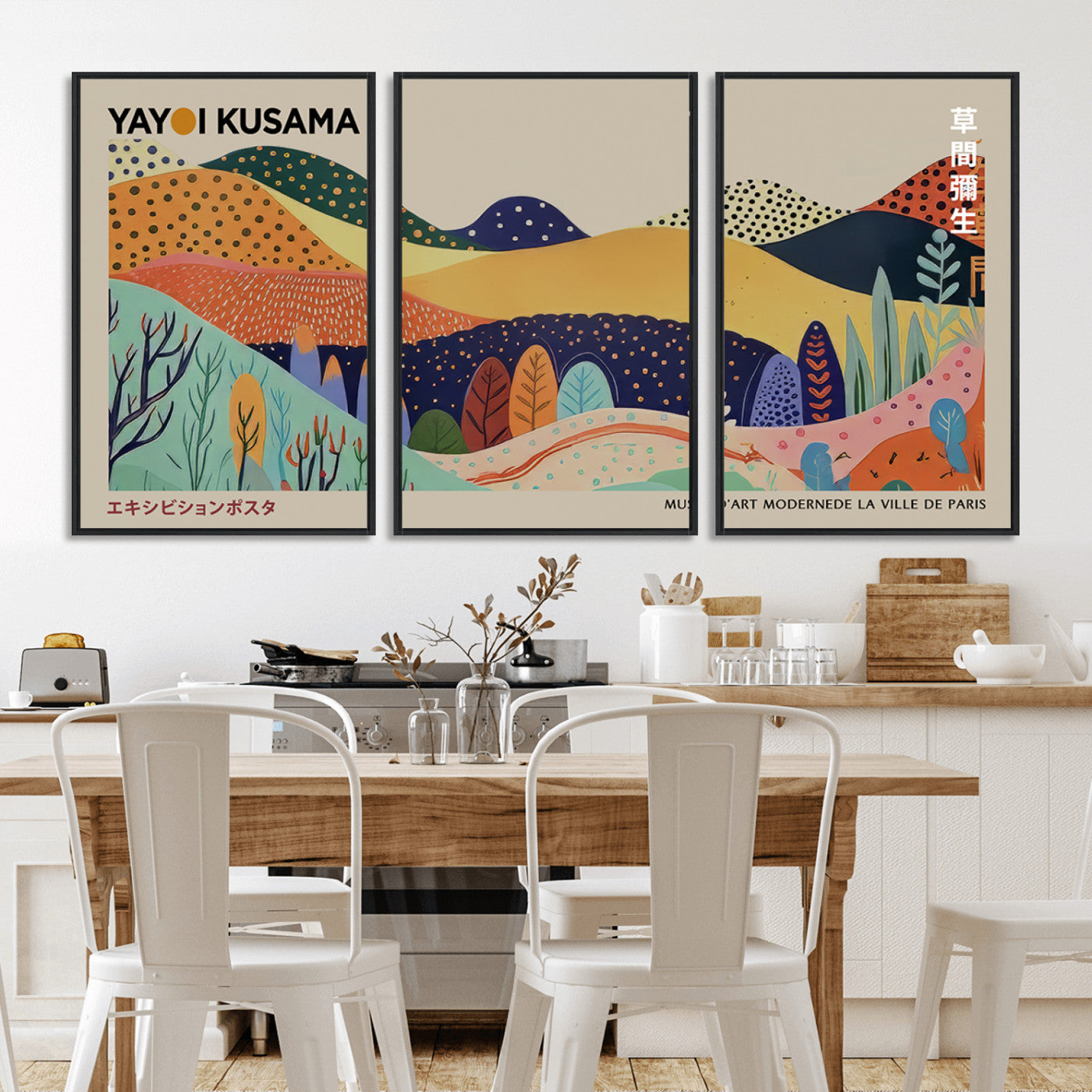 MGV-FC-60X30-3P - Framed Yayoi Kusama 1986 Wall Art Print – Japanese Wall Art Print, Wabi Sabi Yayoi Kusama Print -