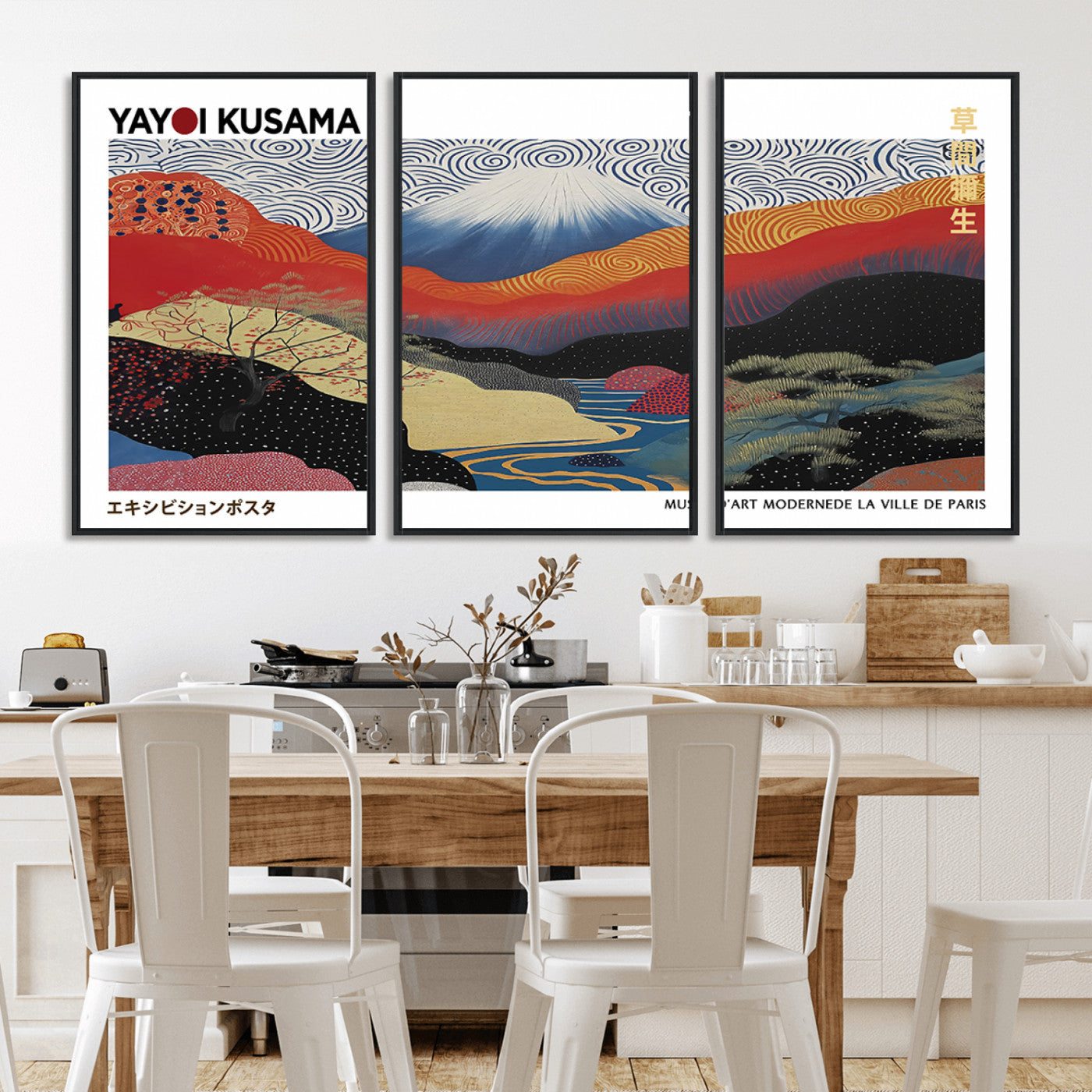 MGV-FC-60X30-3P - Framed Yayoi Kusama 1986 Wall Art Print – Japanese Wall Art Print, Wabi Sabi Yayoi Kusama Print -