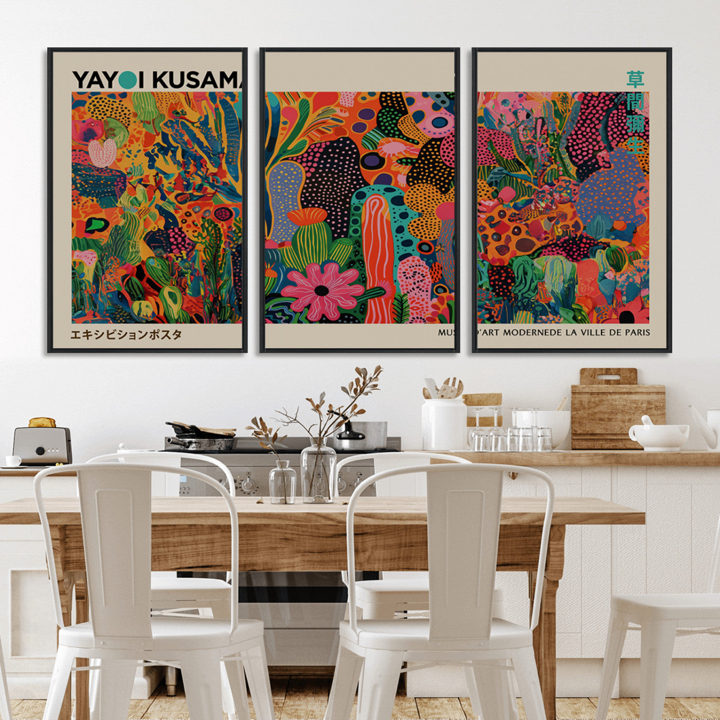 MGV-FC-60X30-3P - Framed Yayoi Kusama 1986 Wall Art Print – Japanese Wall Art Print, Wabi Sabi Yayoi Kusama Print -