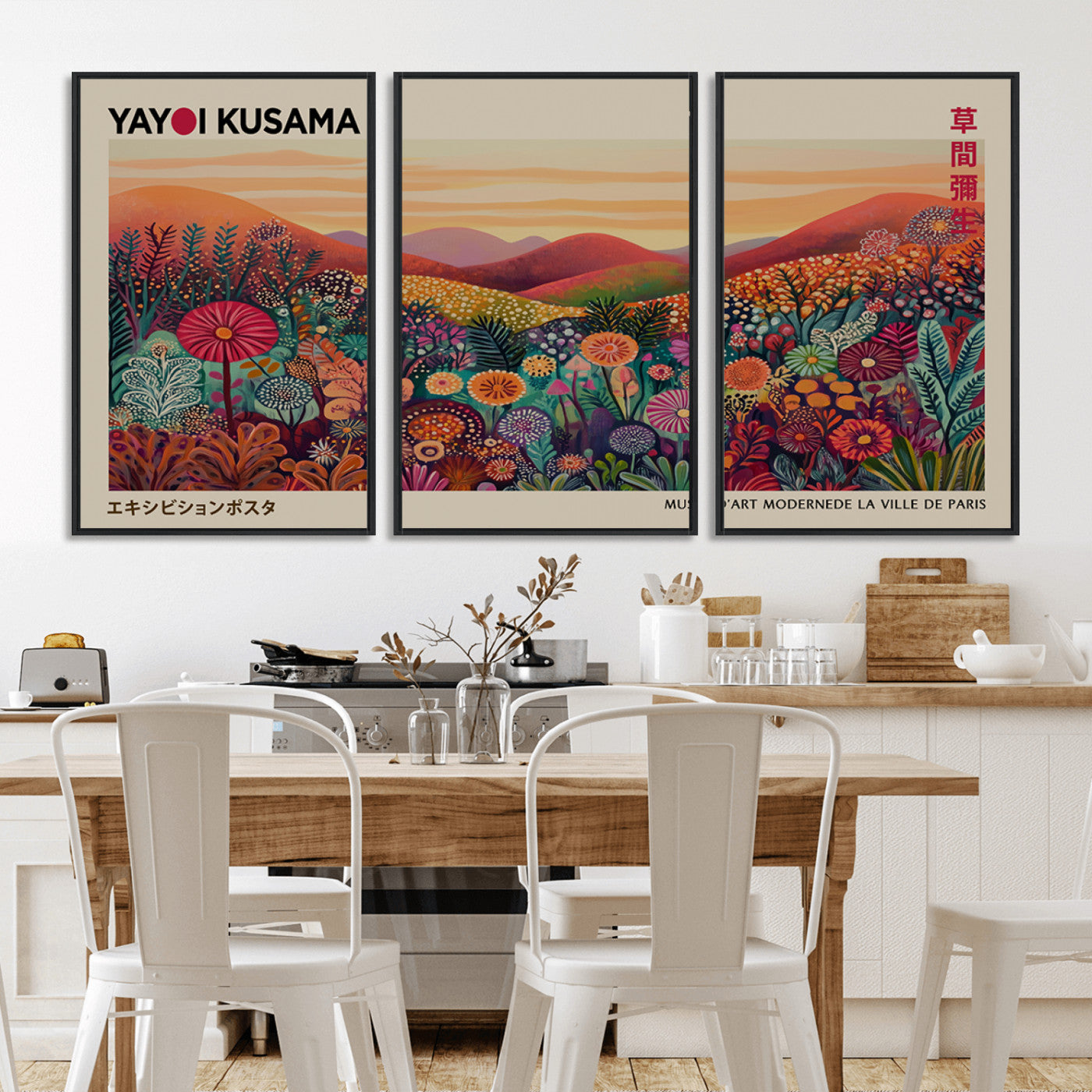 MGV-FC-60X30-3P - Framed Yayoi Kusama 1986 Wall Art Print – Japanese Wall Art Print, Wabi Sabi Yayoi Kusama Print -