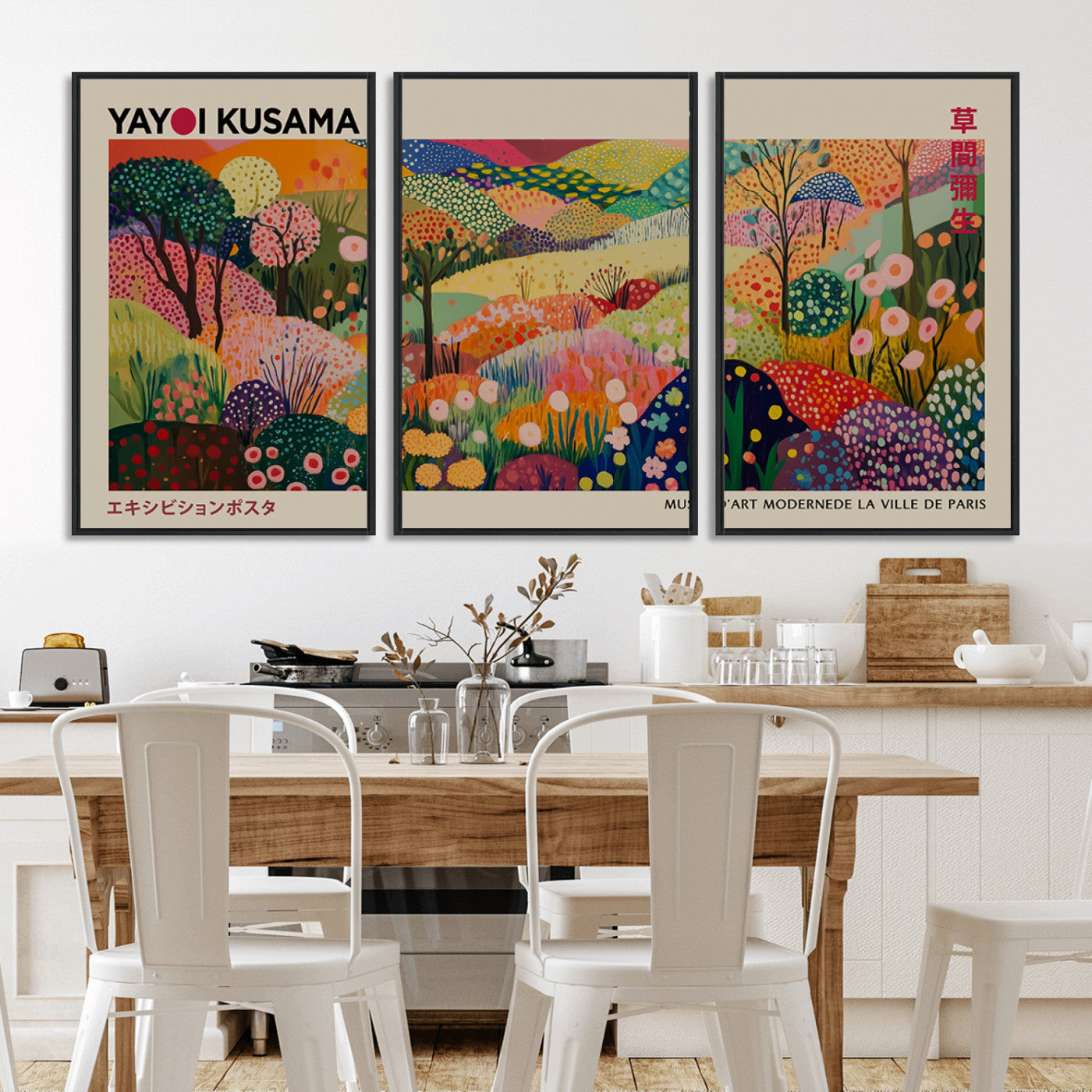 MGV-FC-60X30-3P - Framed Yayoi Kusama 1986 Wall Art Print – Japanese Wall Art Print, Wabi Sabi Yayoi Kusama Print -