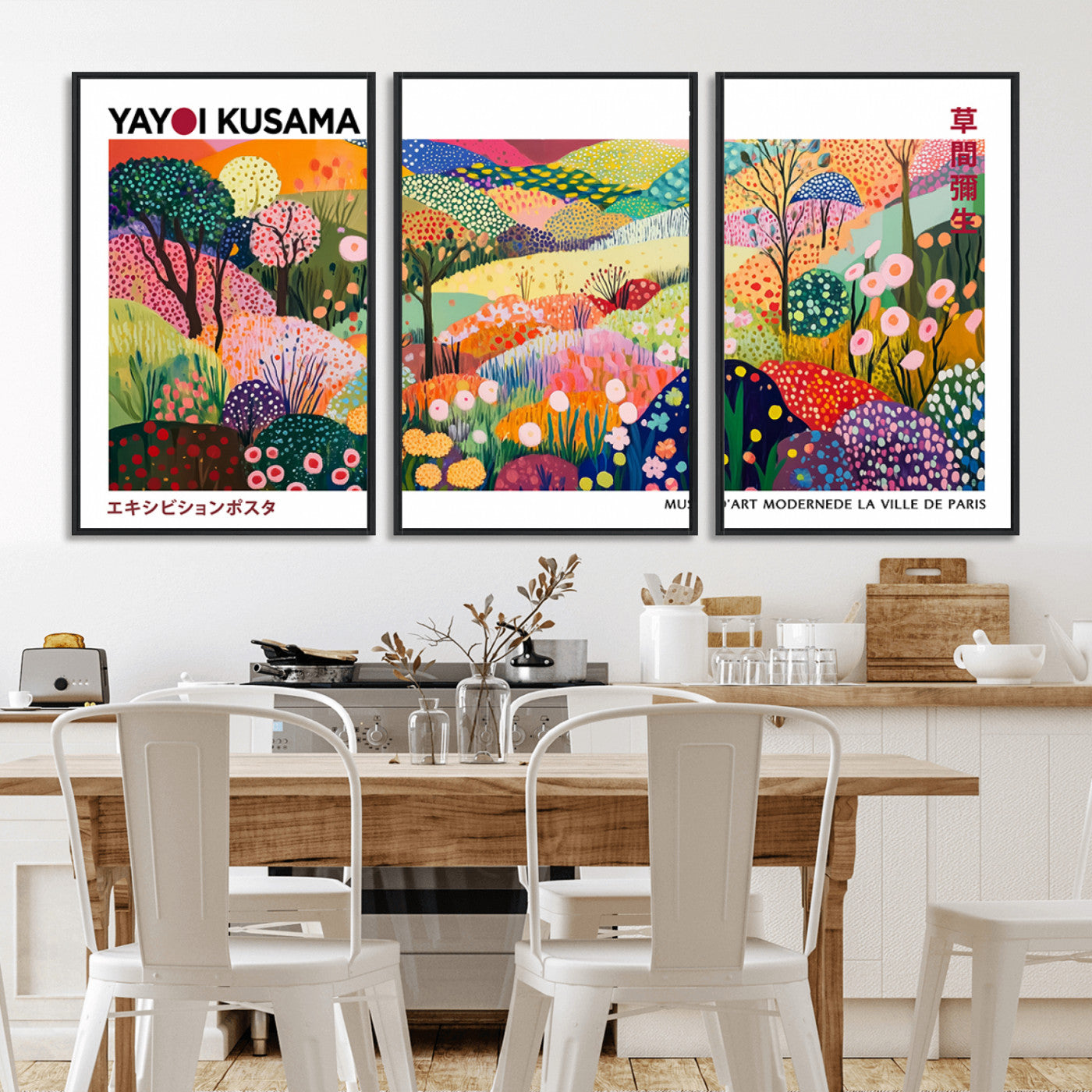 MGV-FC-60X30-3P - Framed Yayoi Kusama 1986 Wall Art Print – Japanese Wall Art Print, Wabi Sabi Yayoi Kusama Print -