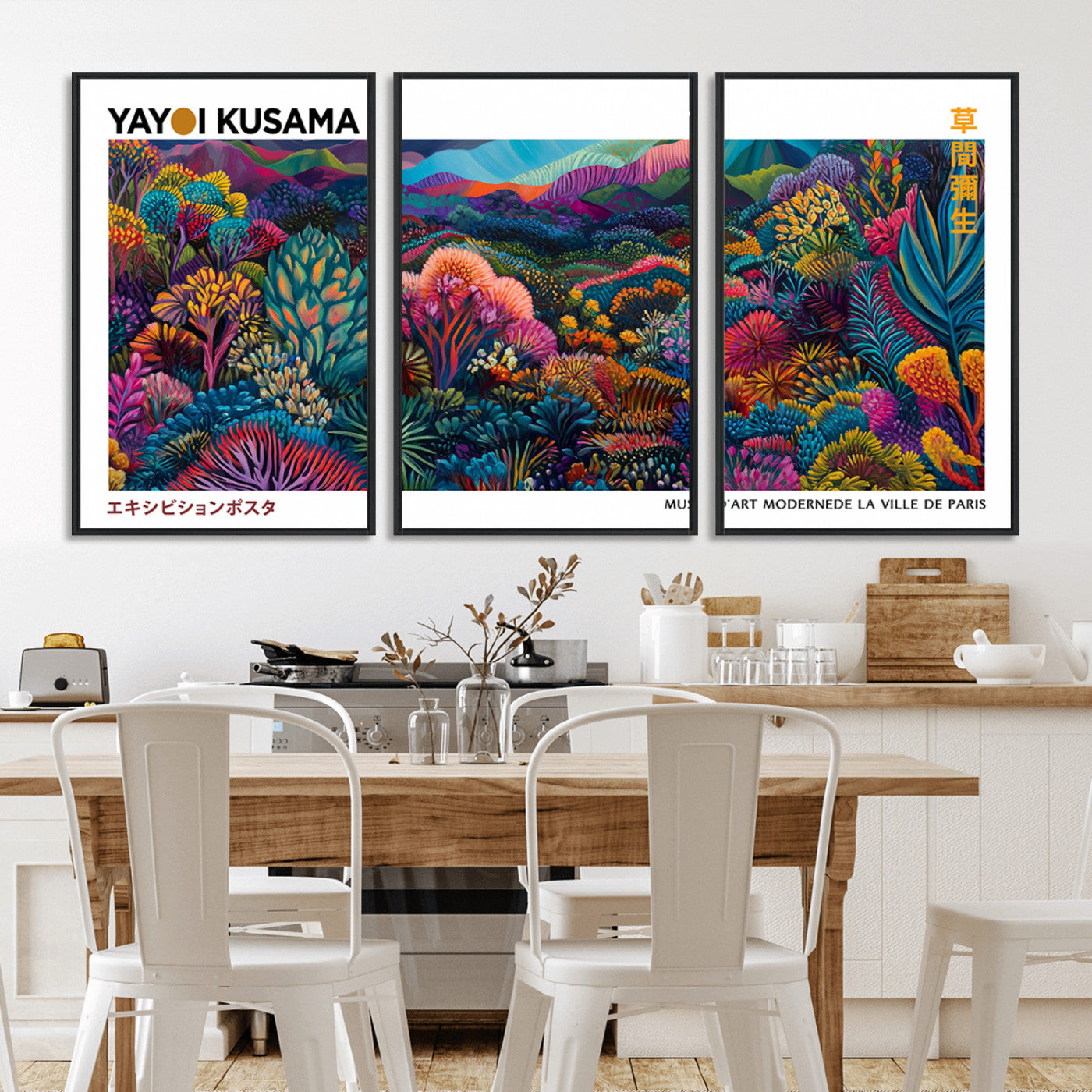 MGV-FC-60X30-3P - Framed Yayoi Kusama 1986 Wall Art Print – Japanese Wall Art Print, Wabi Sabi Yayoi Kusama Print -