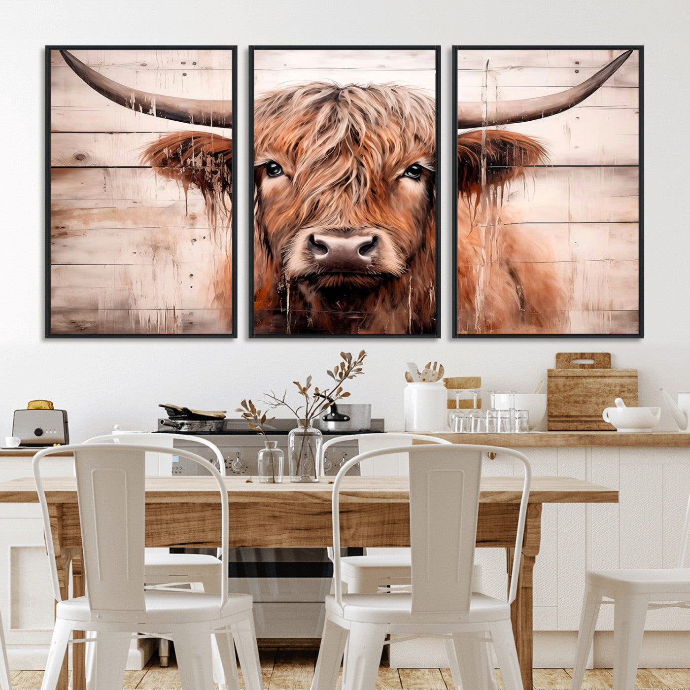 MGV-FC-60X30-3P - Vintage Scottish Highland Cow Cattle Art Print Farmhouse Wall Art Canvas Print