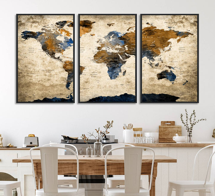 A Vintage World Map Canvas featuring brown, blue, and white on a textured background. Ideal for wall art in living rooms or offices.