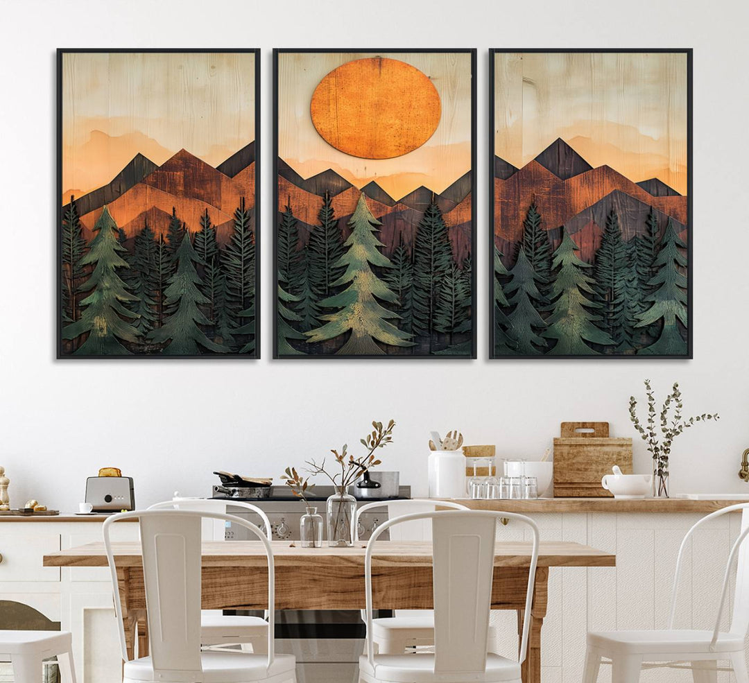 Sunset Mountain Landscape canvas wall art print featuring forest and wooden textures in green, brown, and orange.