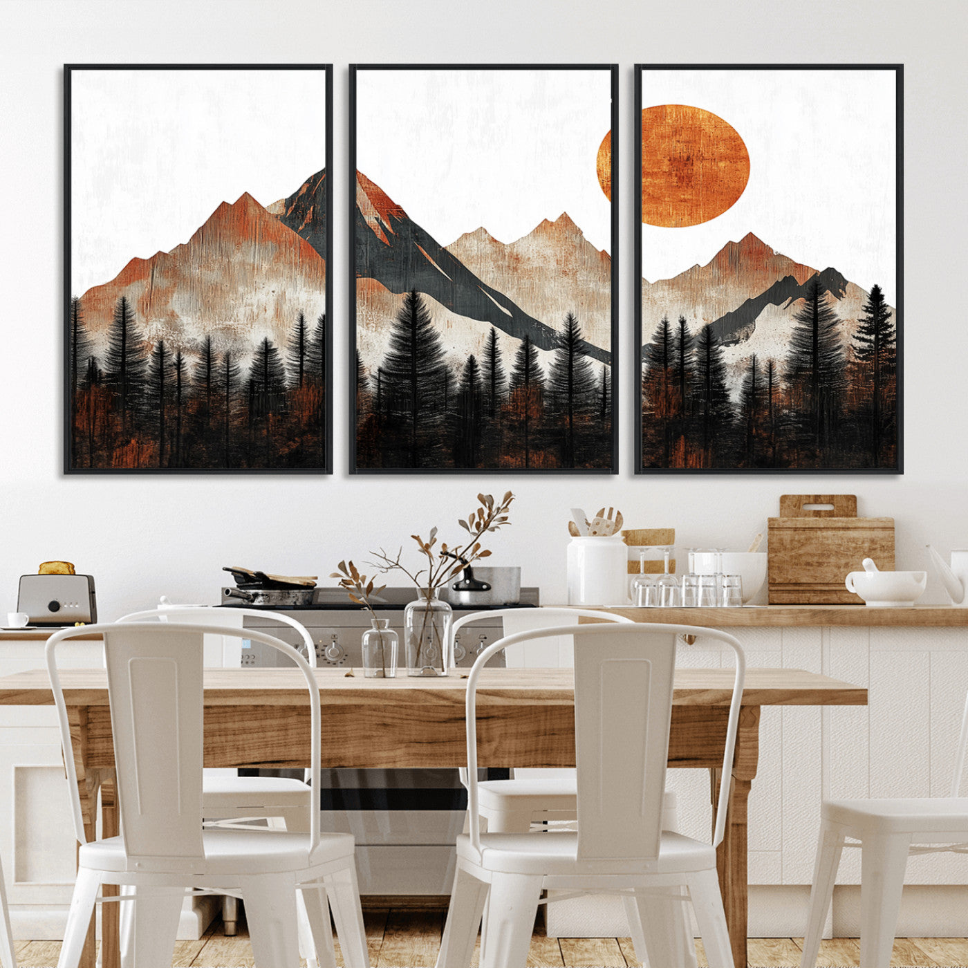 MGV-FC-60X30-3P - Modern Abstract Mountain Canvas Wall Art Print, Abstract Landscape Print, Rustic Sun and Mountains