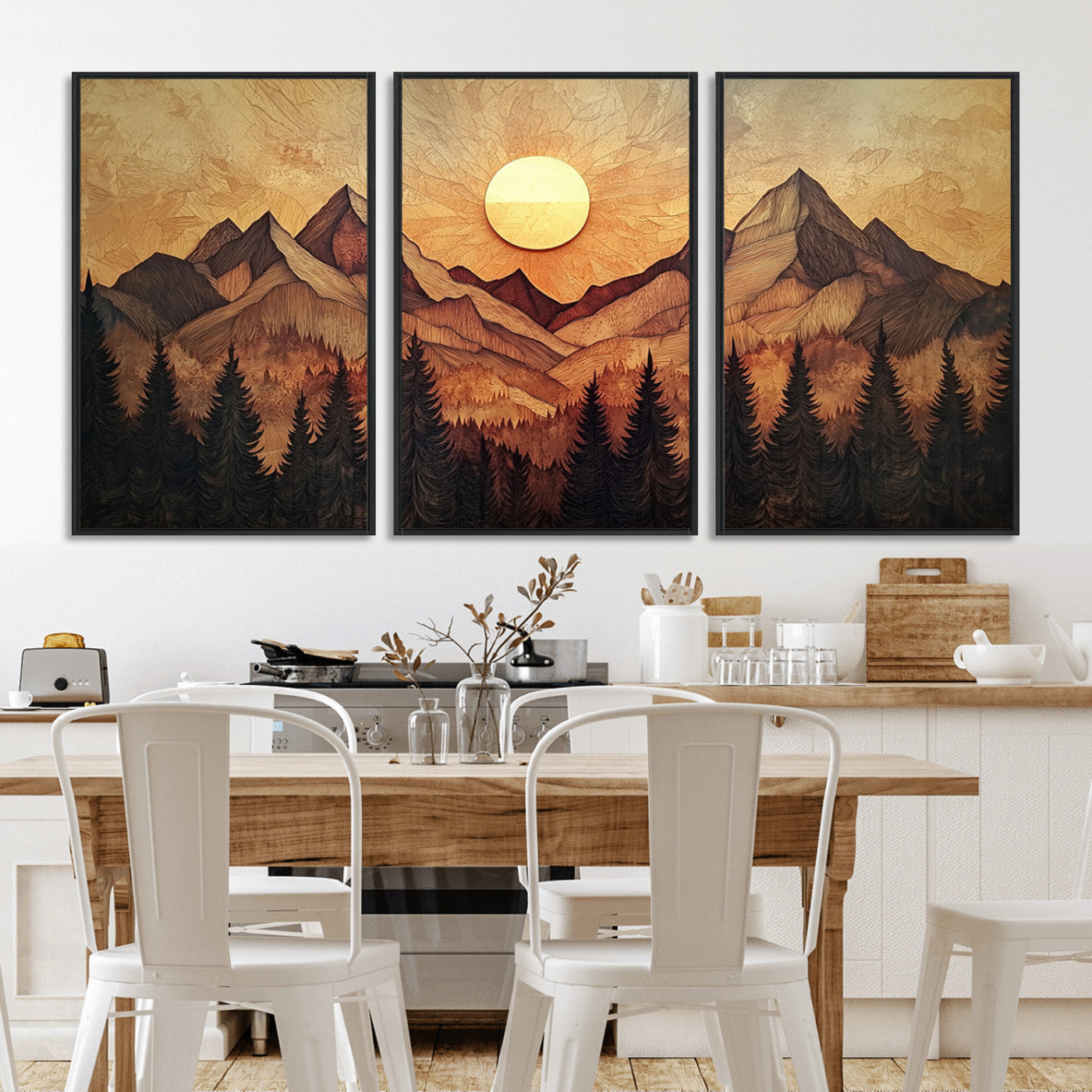 MGV-FC-60X30-3P - Wood Style Abstract Mountain Sunset Canvas Wall Art Print - Warm Earth Nature-Inspired Decor for