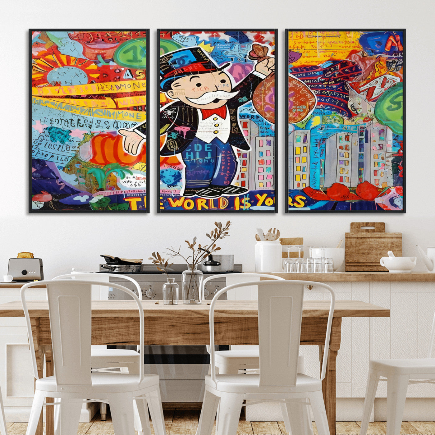 MGV-FC-60X30-3P - Pop Art Monopoly Man Canvas Wall Art Print - Bold and Colorful Street Art-Inspired Decor for Living