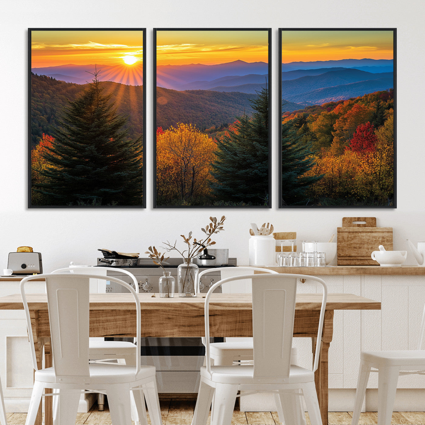 MGV-FC-60X30-3P - Golden Sunset Over Mountain Forest Canvas Wall Art Print - Warm Nature-Inspired Landscape for Living