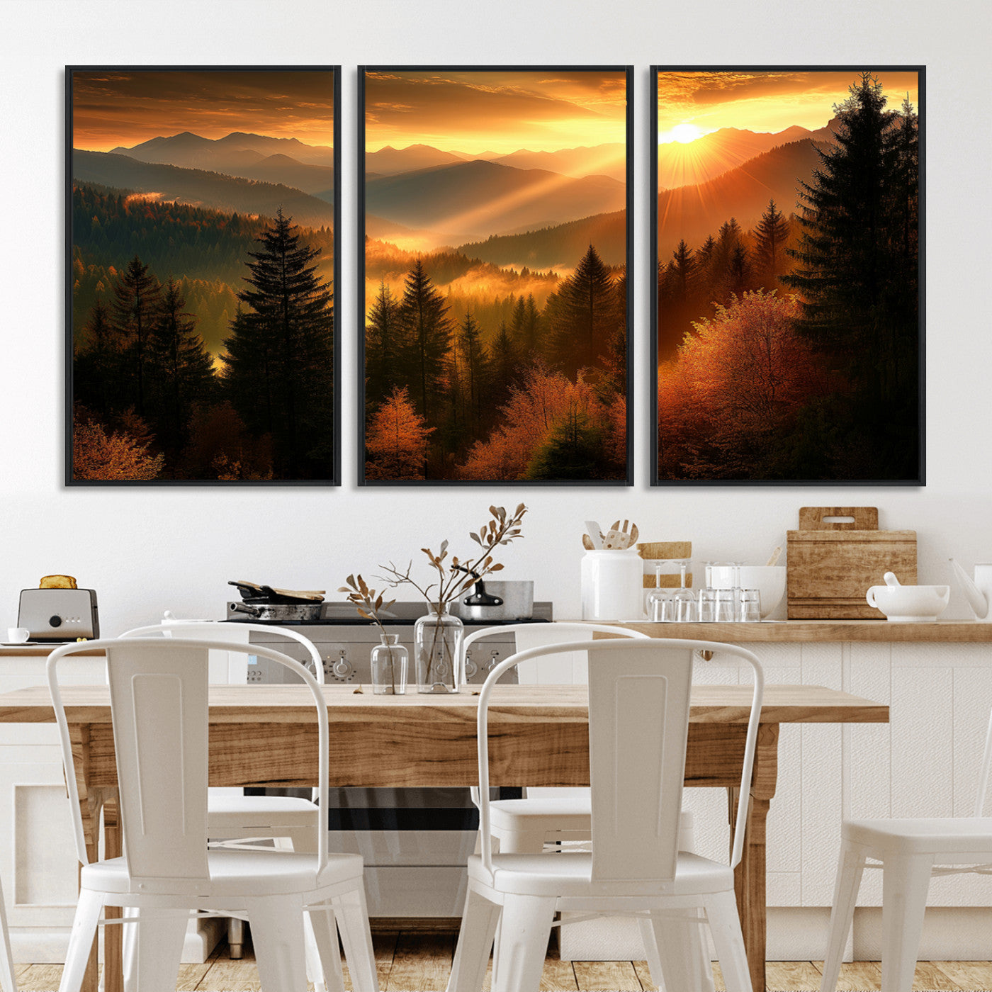 MGV-FC-60X30-3P - Golden Sunset Over Mountain Forest Canvas Wall Art Print - Warm Nature Landscape Print
