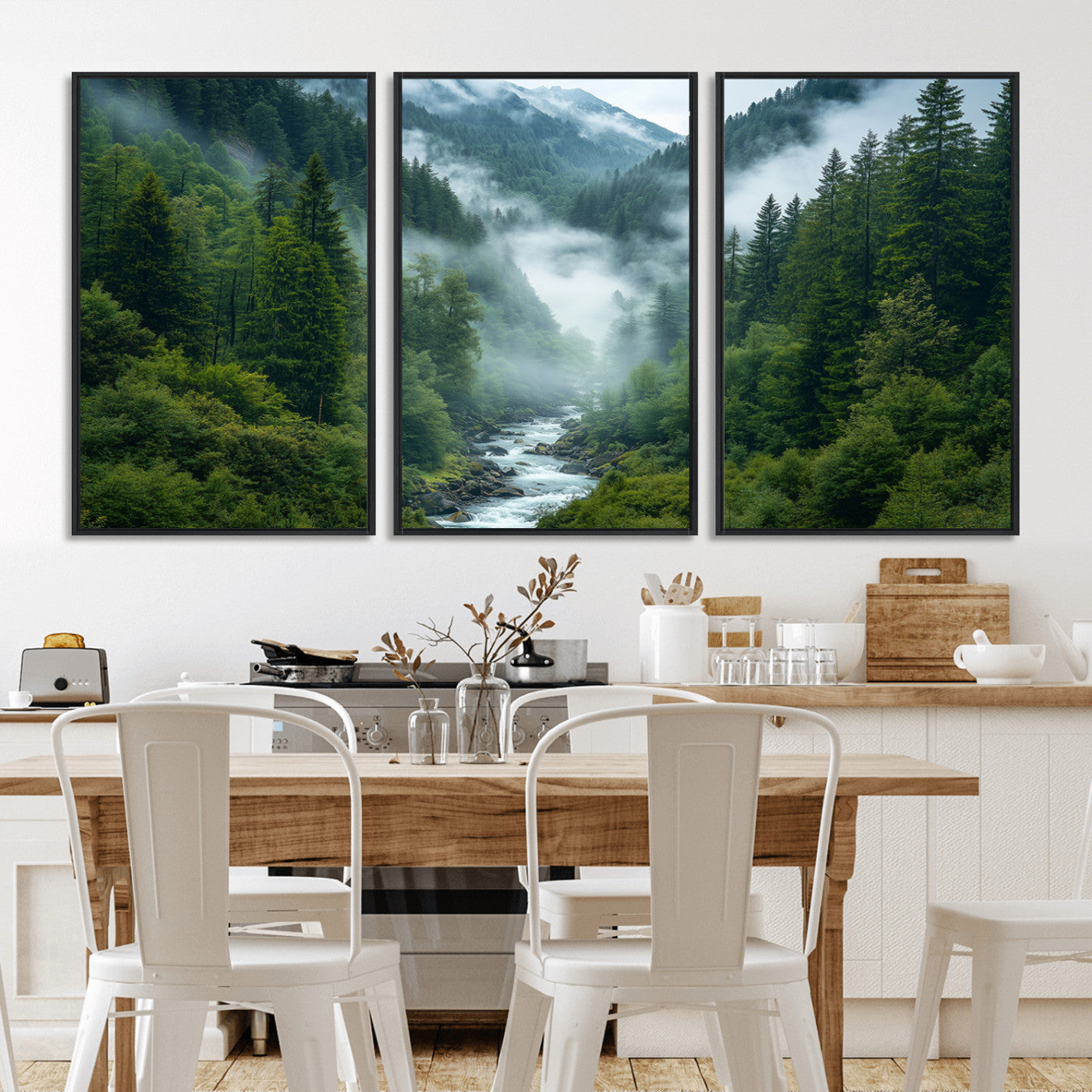 MGV-FC-60X30-3P - Mountain Forest River Canvas Wall Art Print - Serene Nature Landscape for Living Room, Office, or