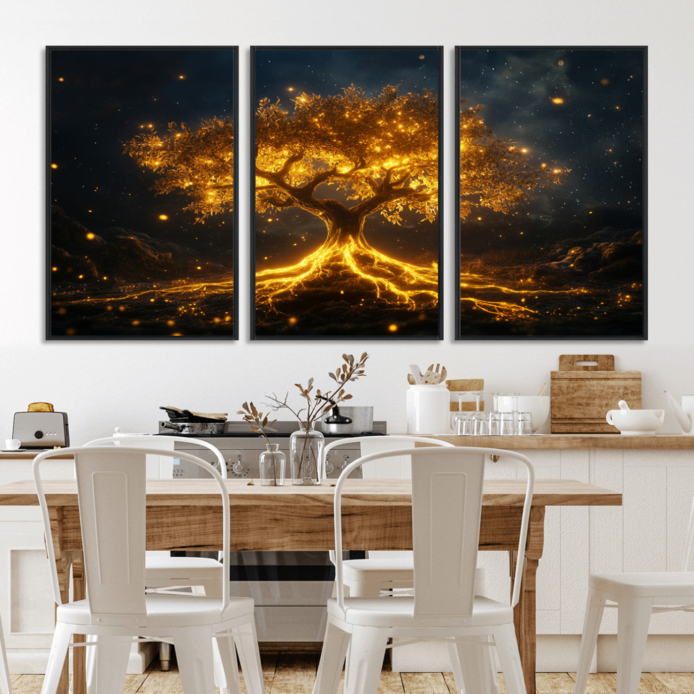 MGV-FC-60X30-3P - Golden Tree of Life Canvas Wall Art Print - Majestic Glowing Tree Design for Living Room, Office, or