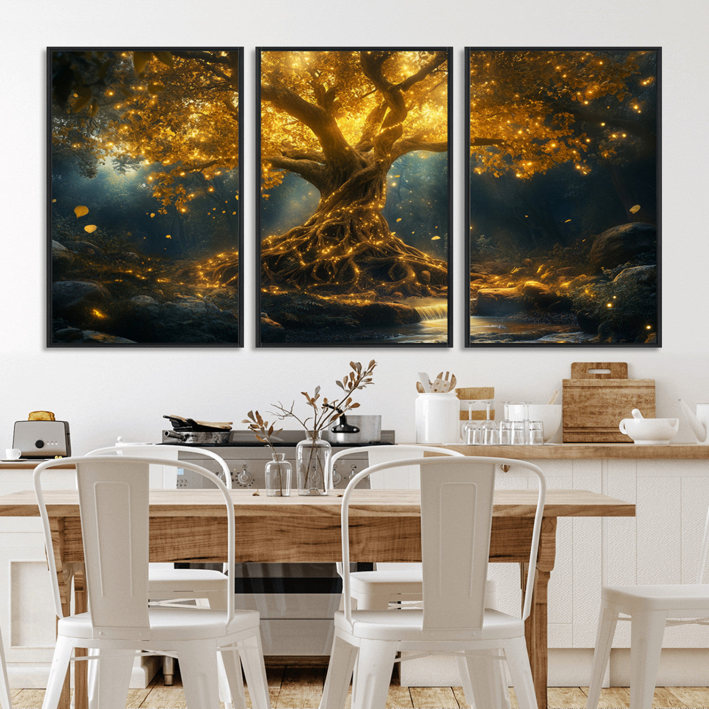 MGV-FC-60X30-3P - Golden Tree of Life Canvas Wall Art Print - Majestic Glowing Tree Wall Art Print