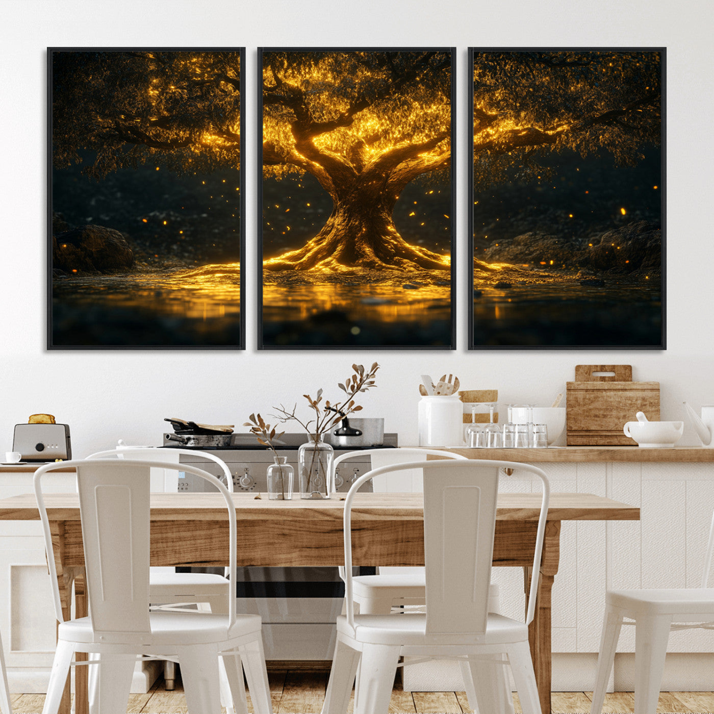 MGV-FC-60X30-3P - Golden Tree of Life Canvas Wall Art Print - Majestic Glowing Tree Wall Art Print