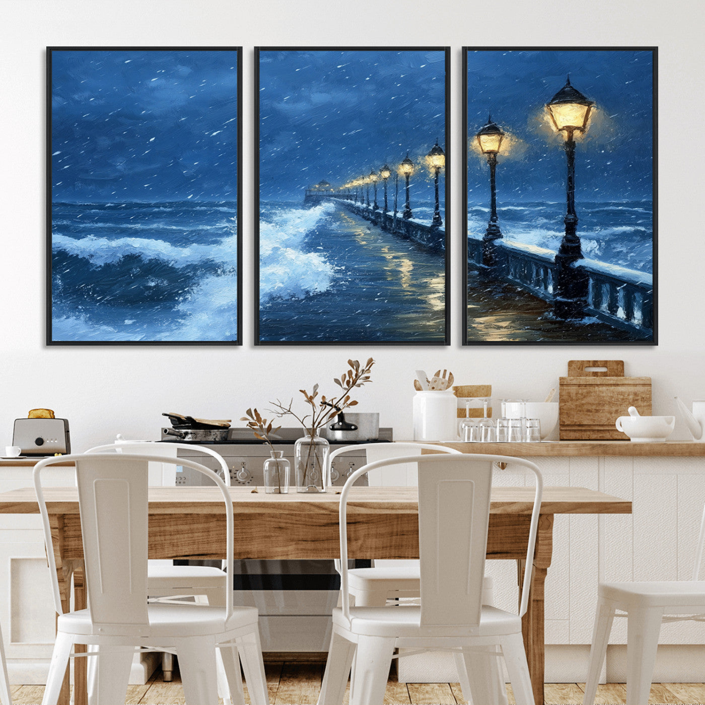 MGV-FC-60X30-3P - Stormy Ocean Pier Lights Canvas Wall Art Print - Large Moody Night Scene for Living Room, or Office,