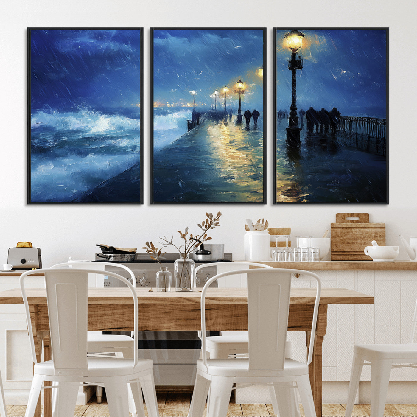 MGV-FC-60X30-3P - Abstract Stormy Ocean Pier Canvas Wall Art Print | Stormy Ocean Art | Large Moody Night Scene Print,