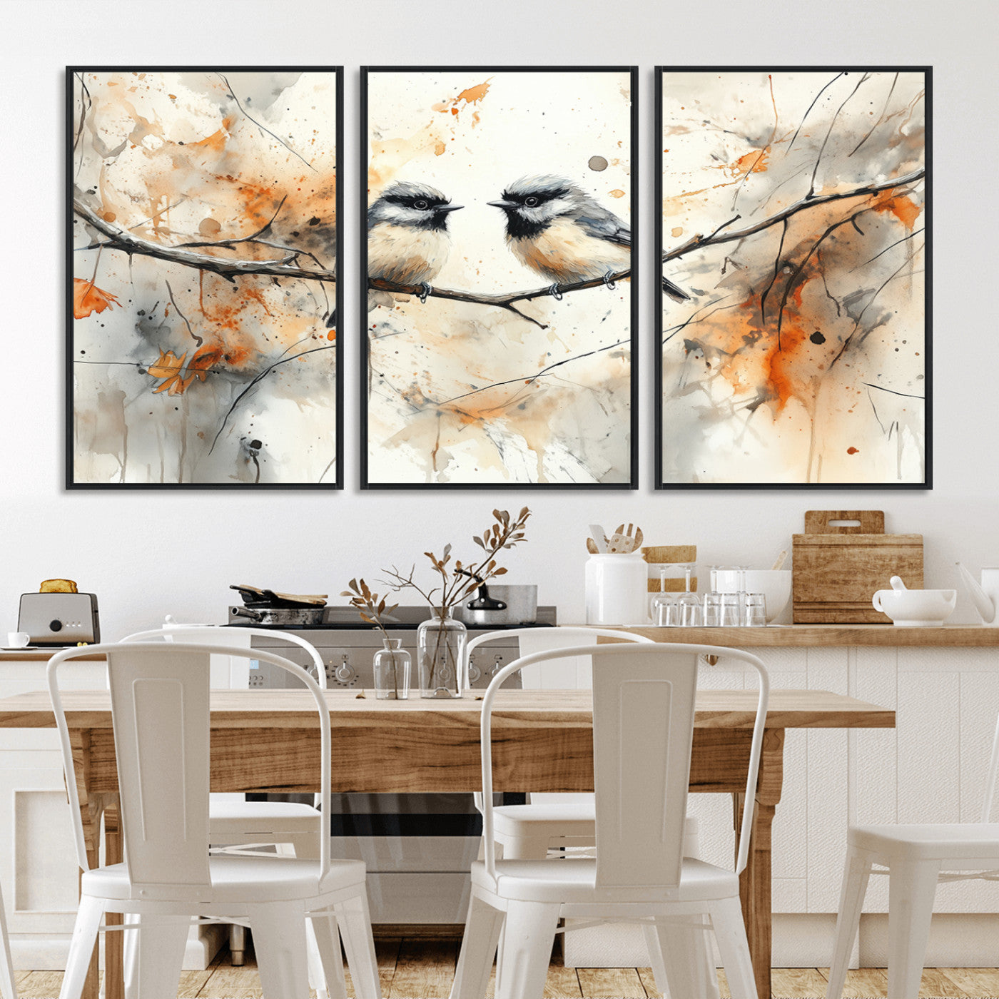 MGV-FC-60X30-3P - Abstract Watercolor Chickadee Bird Canvas Wall Art Print - Large Bird and Branch Wall Art, Modern