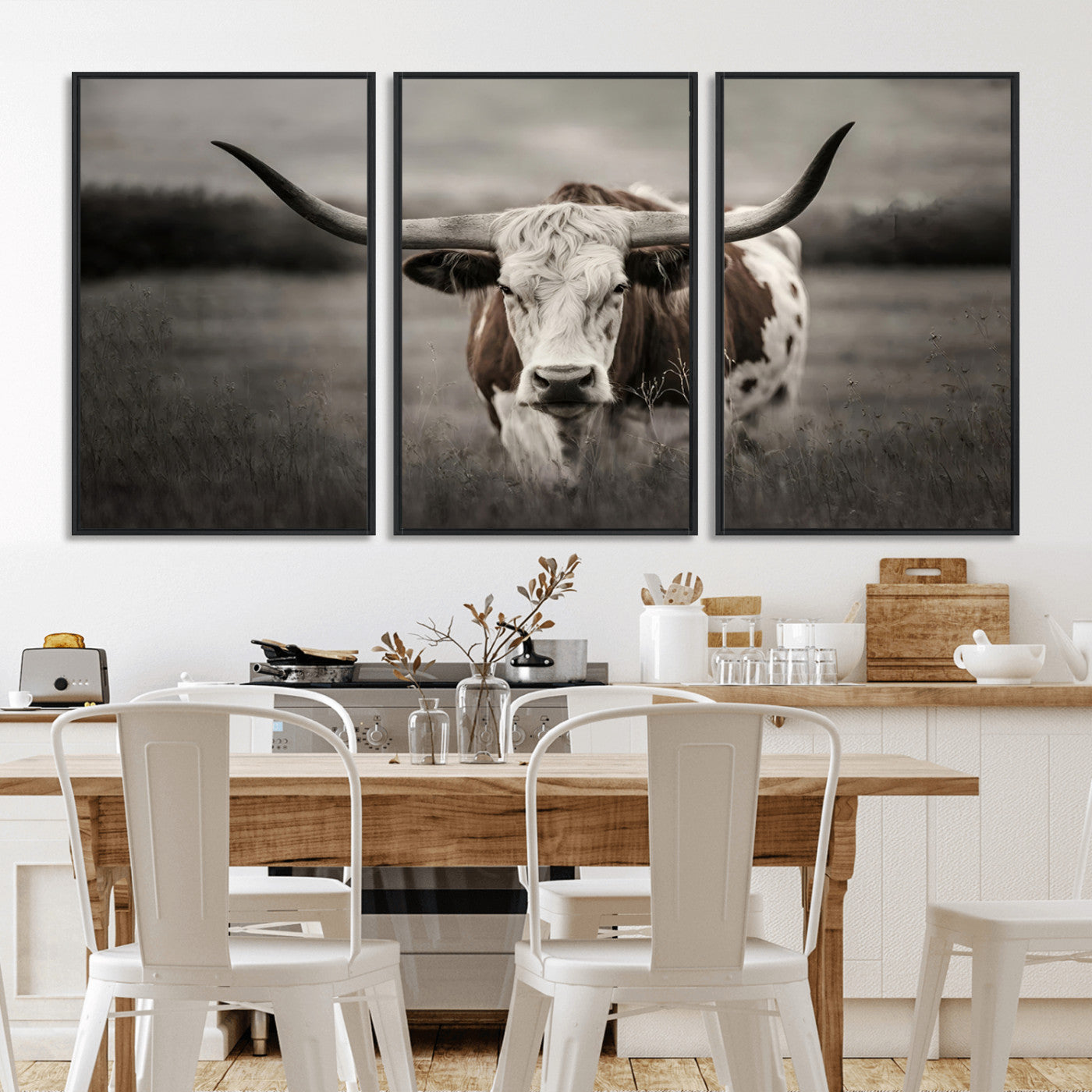 MGV-FC-60X30-3P - Texas Longhorn Cow Canvas Wall Art Print - Large Rustic Longhorn Art for Living Room, Western Wall