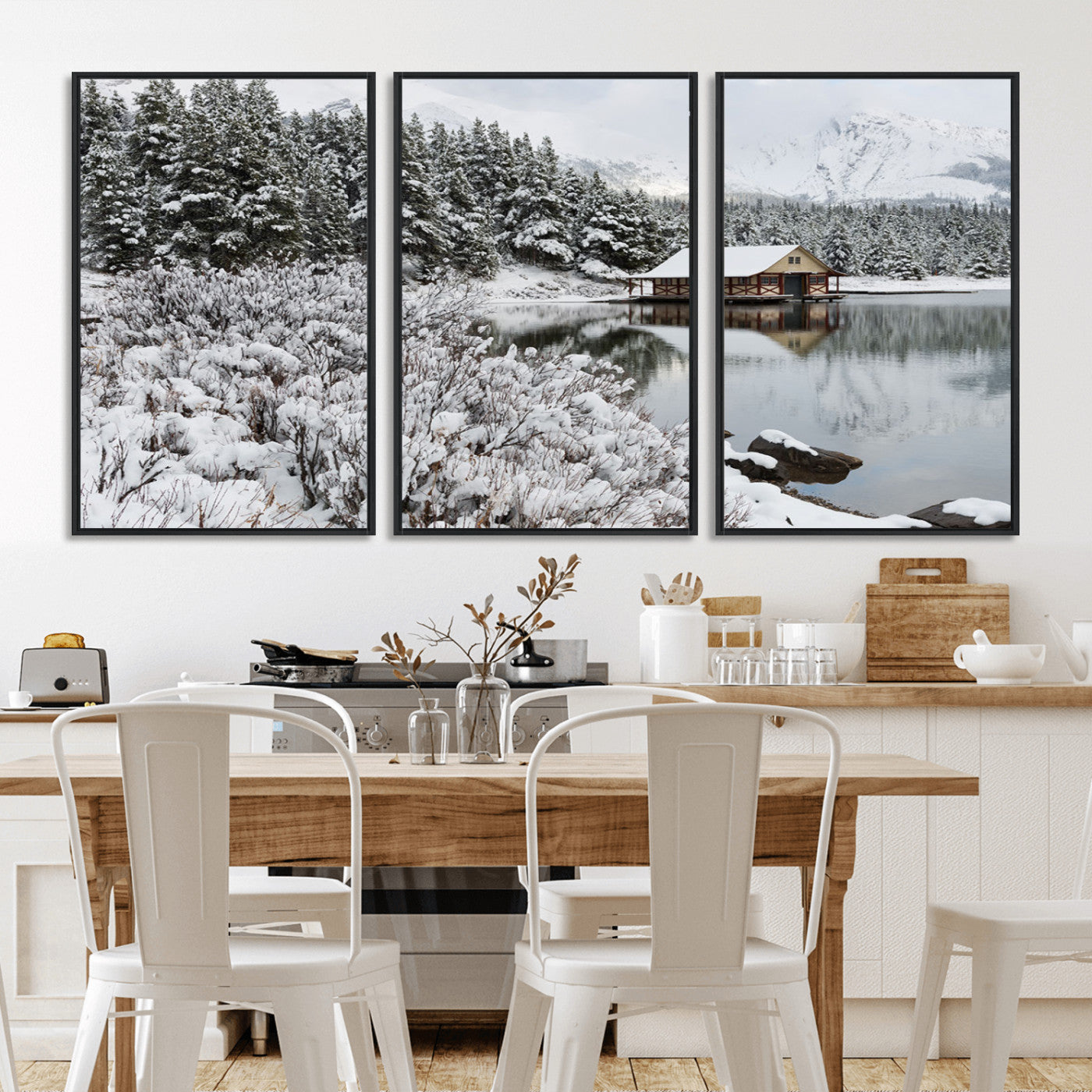 MGV-FC-60X30-3P - Winter Wall Art - Cabin by the Lake Canvas Wall Art - Serene Snowy Landscape with Mountain View,