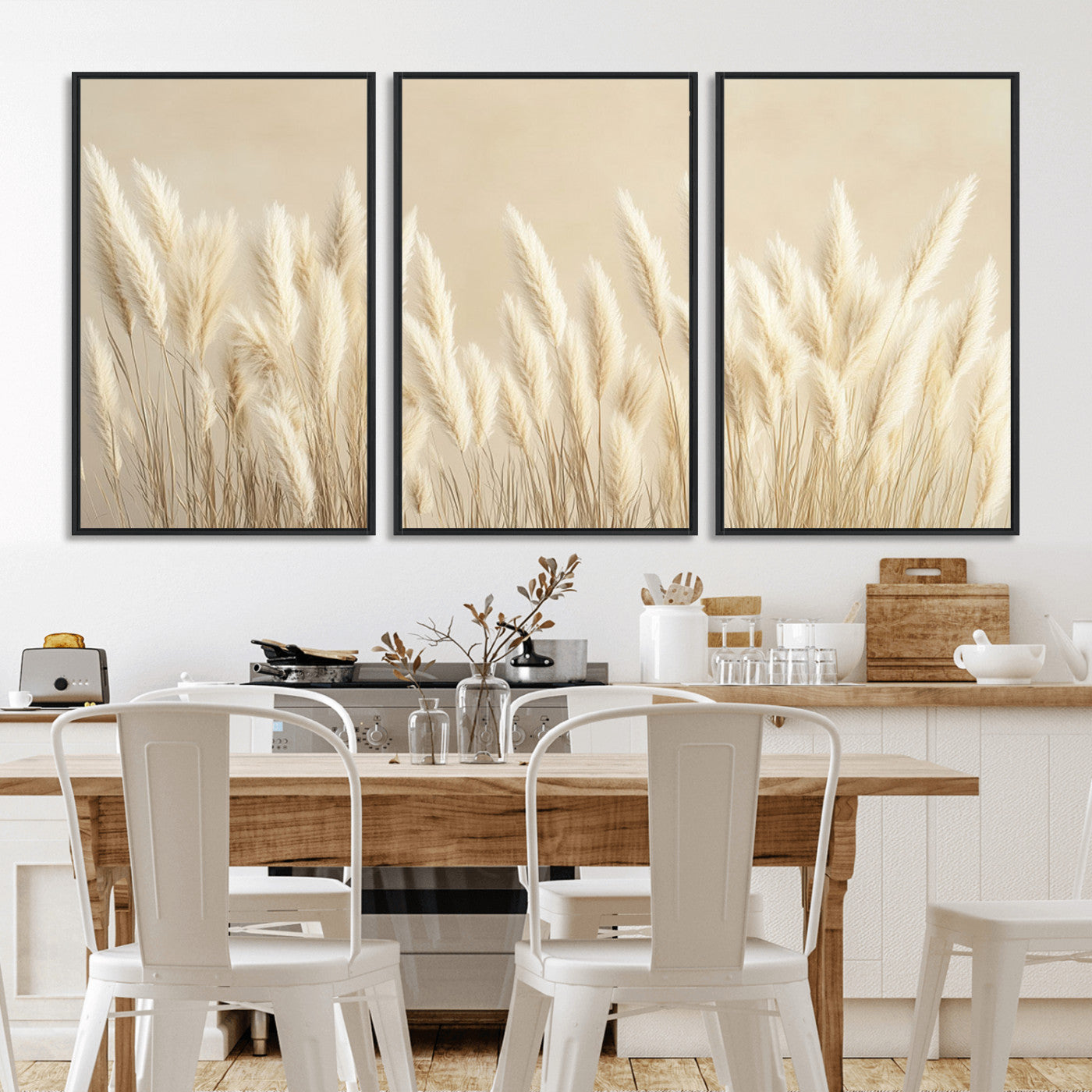 MGV-FC-60X30-3P - Grass Wall Art Print - Elegant Neutral Decor for Living Room, Boho Minimalist Artwork, Ready to Hang