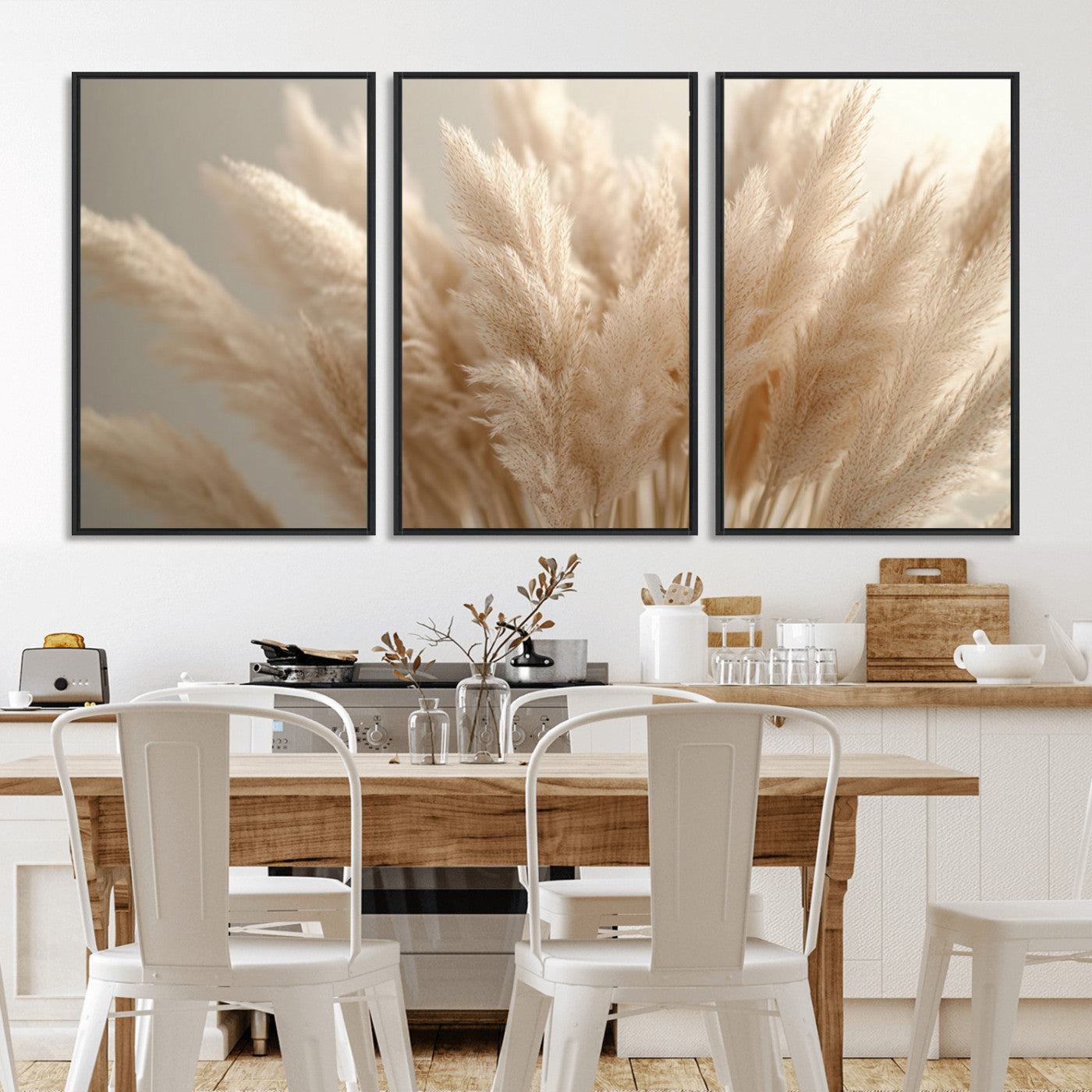 MGV-FC-60X30-3P - Pampas Grass Canvas Wall Art - Elegant Neutral Decor for Living Room, Boho Minimalist Artwork, Ready