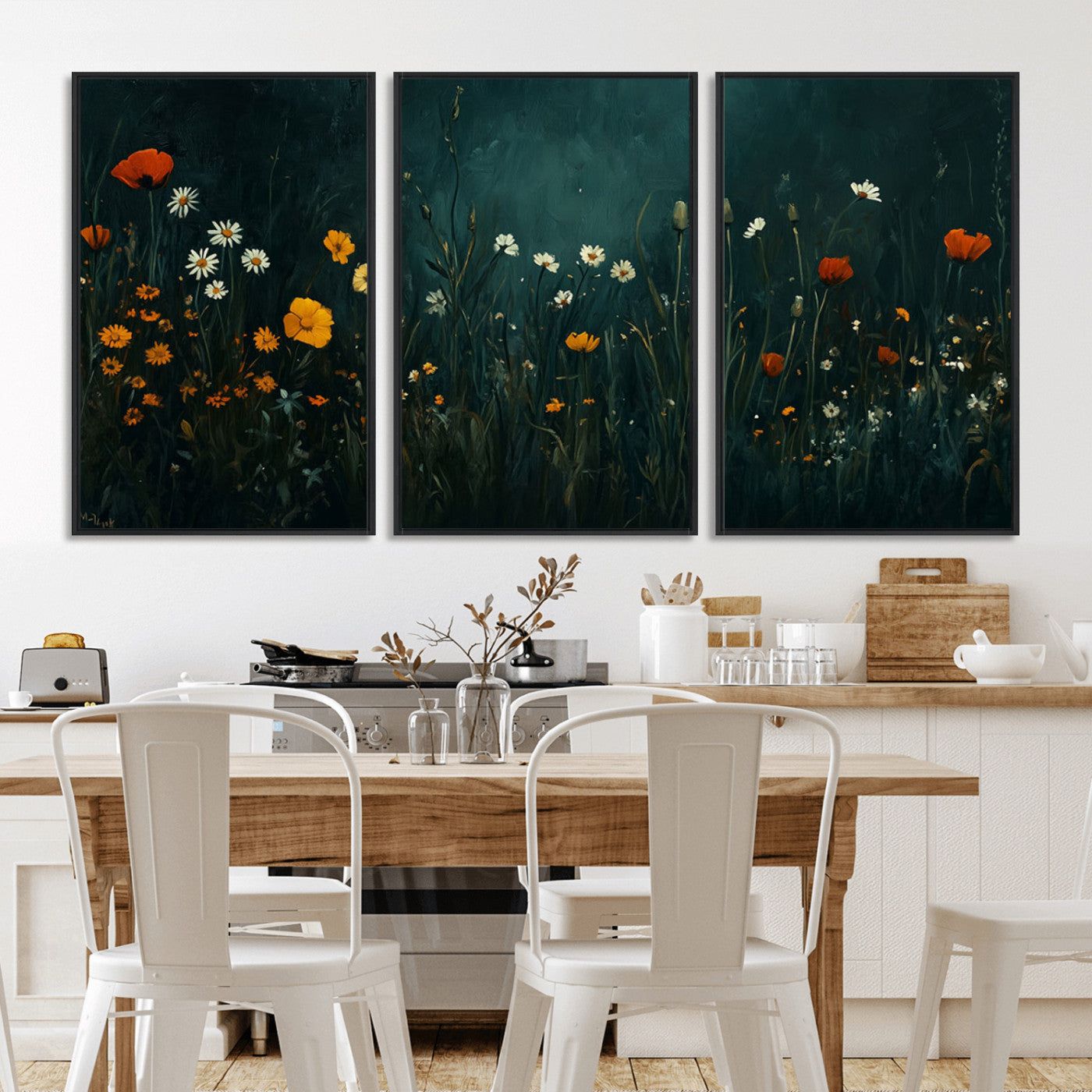 MGV-FC-60X30-3P - Framed Wildflower Field Wall Art, Framed Vintage Botanical Landscape Sign, Floral Decor, Modern