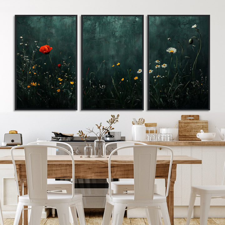 Wildflower Field Framed Wall Art, Vintage Botanical Landscape Sign, Botanical Wall Art, Modern Farmhouse Canvas Art, Field Of Flowers Canvas Print