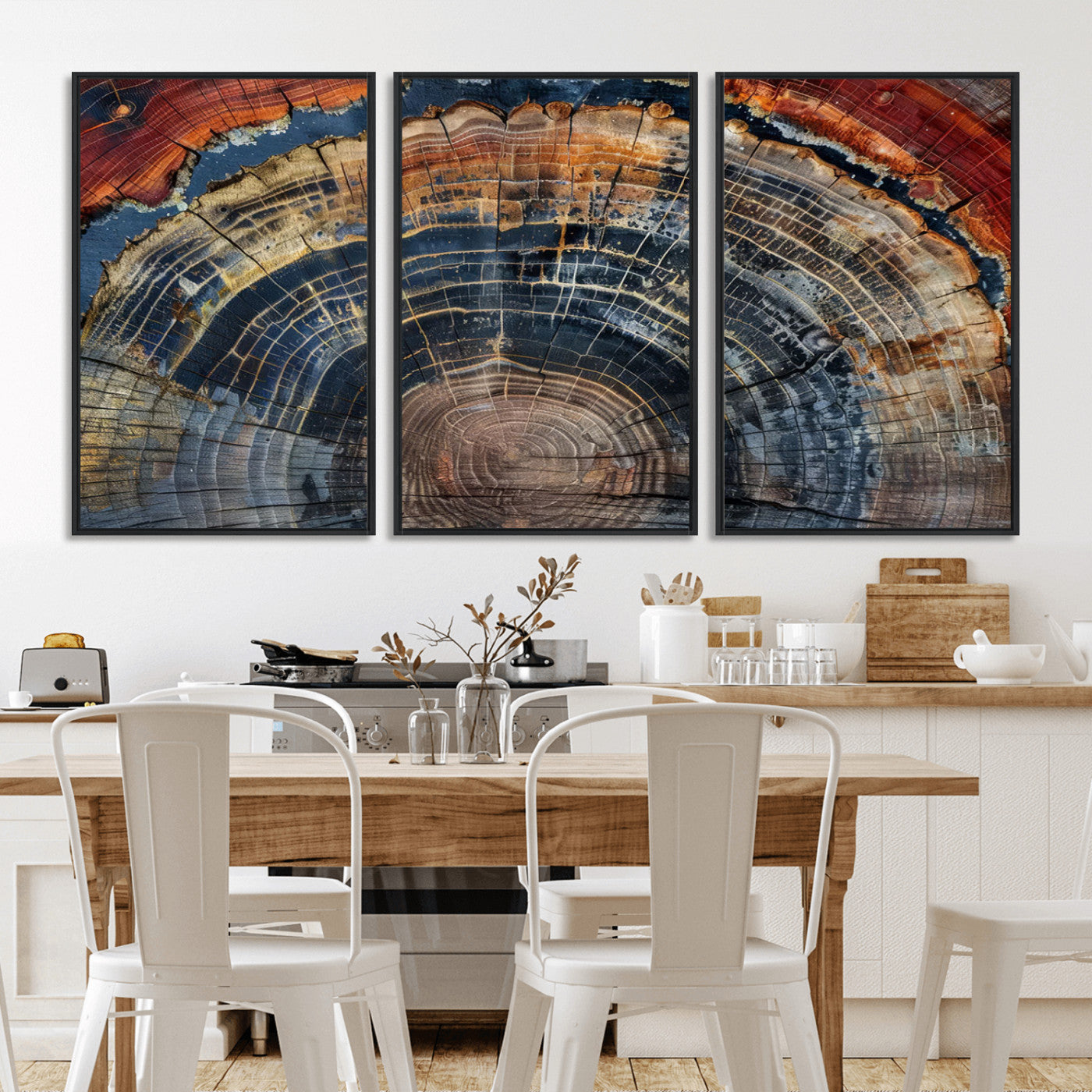 MGV-FC-60X30-3P - Abstract Tree Ring Wall Art, Colorful Framed Tree Ring Wall Decor, Minimalist Home Canvas Art,