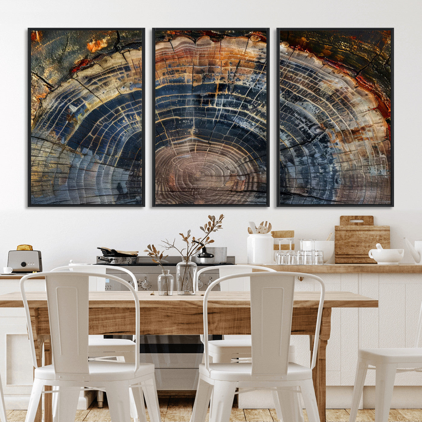 MGV-FC-60X30-3P - Framed Tree Ring Wall Art - Abstract Colorful Tree Ring Wall Decor, Minimalist Home Canvas Art,