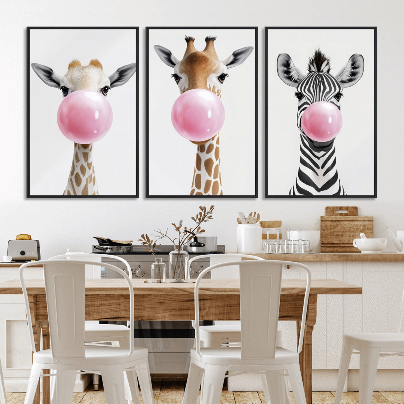 MGV-FC-60X30-3P - Bubblegum Animals Canvas Wall Art - Playful Giraffe and Zebra Trio, Fun Nursery Decor for Kids'