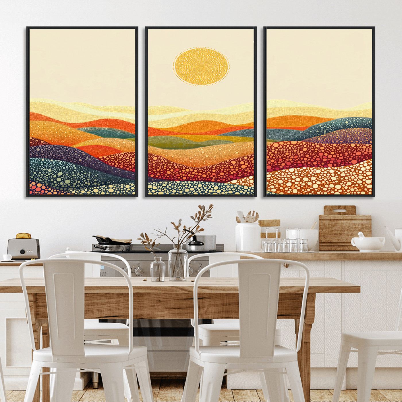 MGV-FC-60X30-3P - YAYOI KUSAMA Colorful Dot Art Landscape Canvas - Framed Abstract Pointillism Inspired by Nature with
